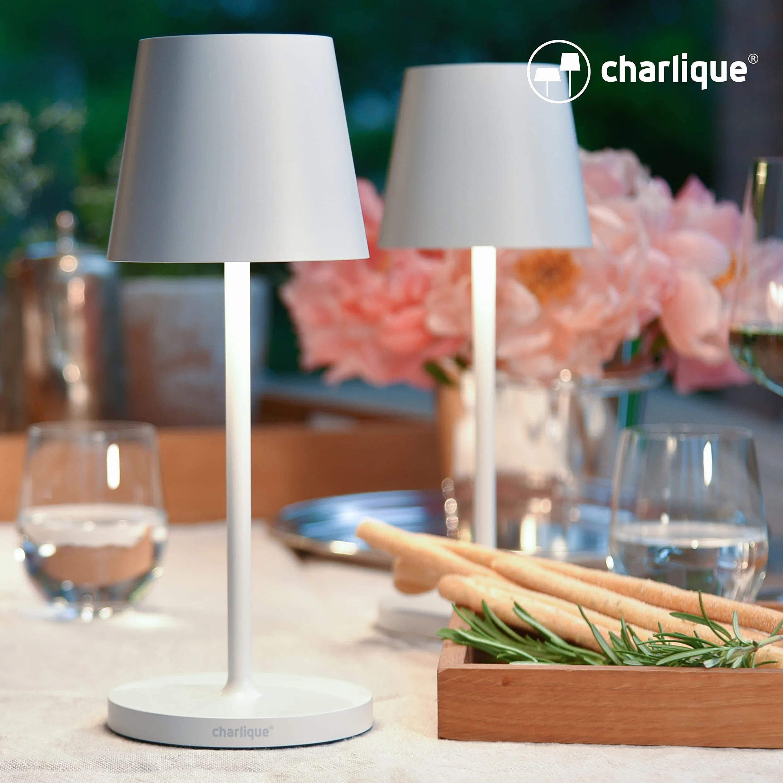 Lampe LED à poser rechargeable USB blanc double pack – lampe nomade tactile sans fil avec variateur pour extérieur