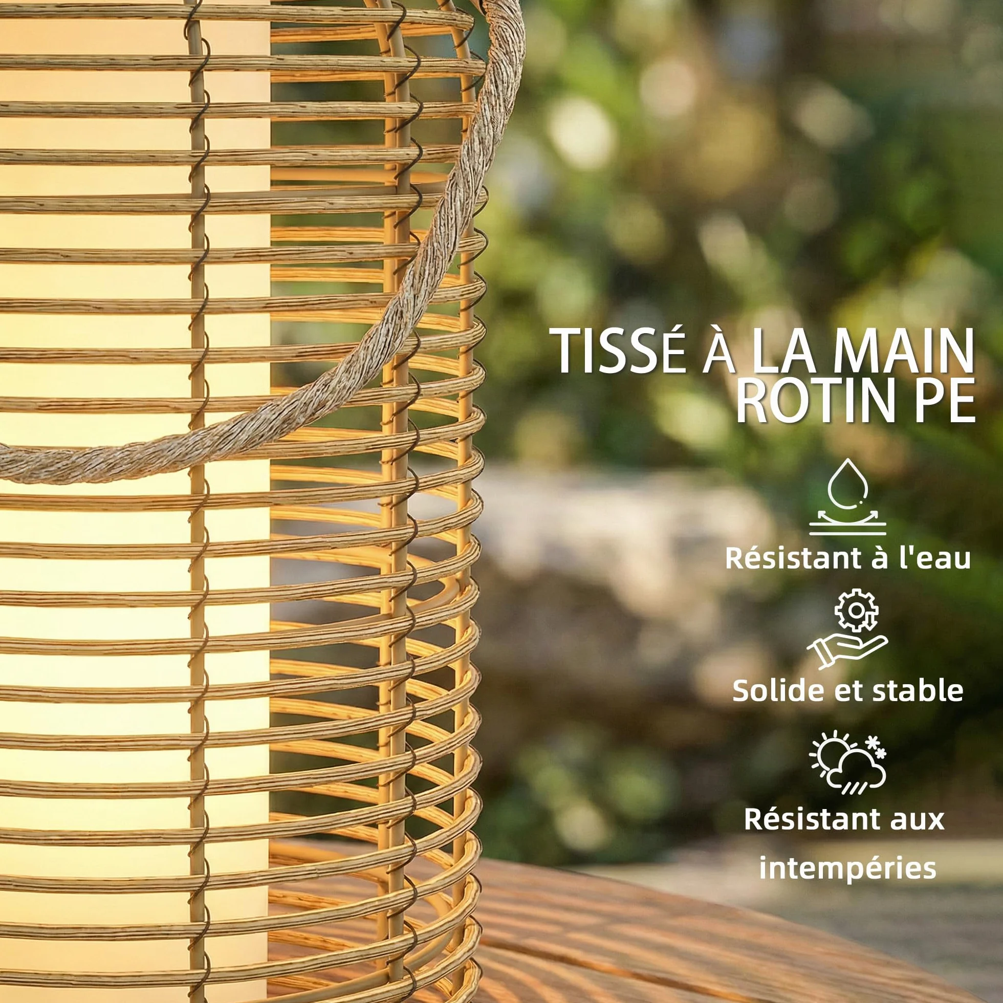 Outsunny Lampadaire d'Extérieur Solaire Lot de 2 LED Jardin Résine Tressée Acier Ø18 x 37 cm Sable