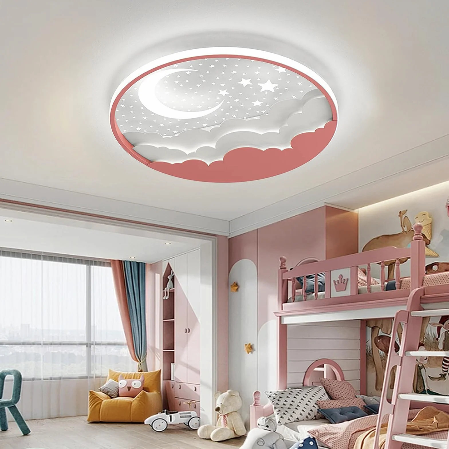 Plafonnier LED Enfants Étoile Lune 40cm Dimmable avec Télécommande 3000-6000K Rose