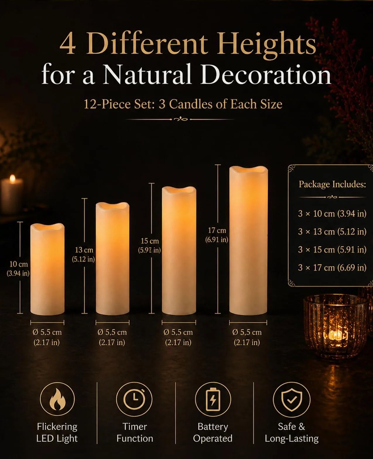 Bougies LED d'extérieur IP55 avec télécommande, lot de 12, lumière blanche chaude vacillante