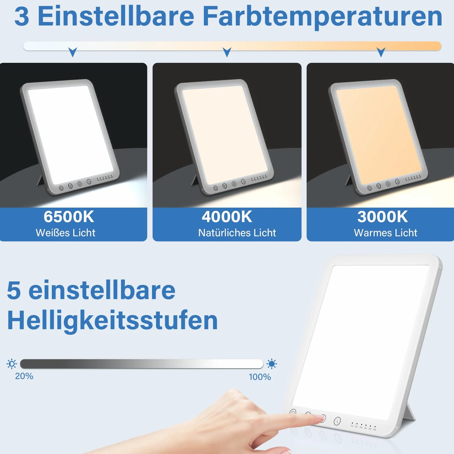 Lampe de Luminothérapie 15000 Lux Sans UV, 3 Températures de Couleur, 5 Niveaux de Luminosité, Mémoire, Support Pliant 180°