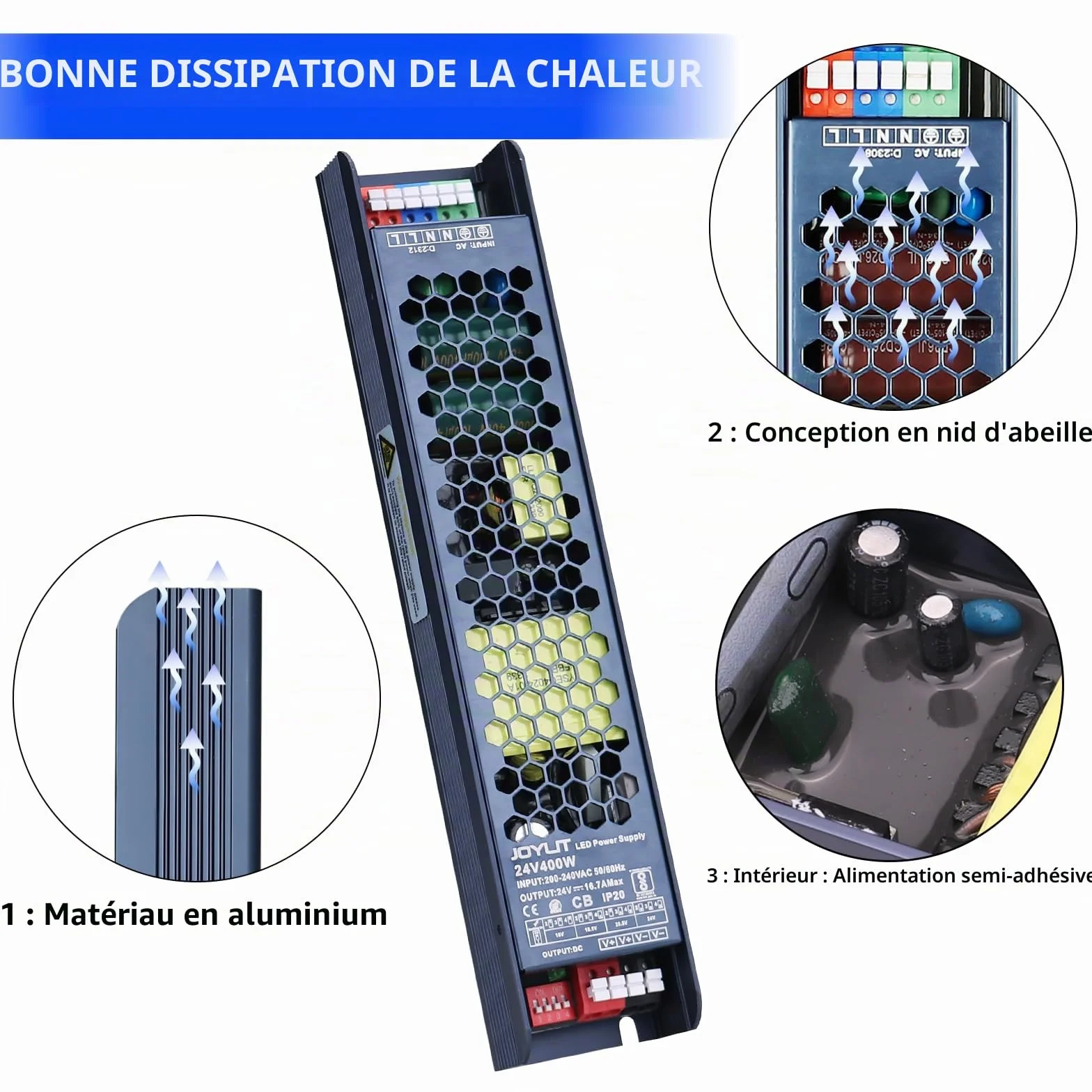JOYLIT Alimentation 24V 150W Professionnelle, Transformateur AC-DC 24 Volt 6.25A Ultra Mince, Réglage Tension 4 Niveaux 24VDC LED Driver