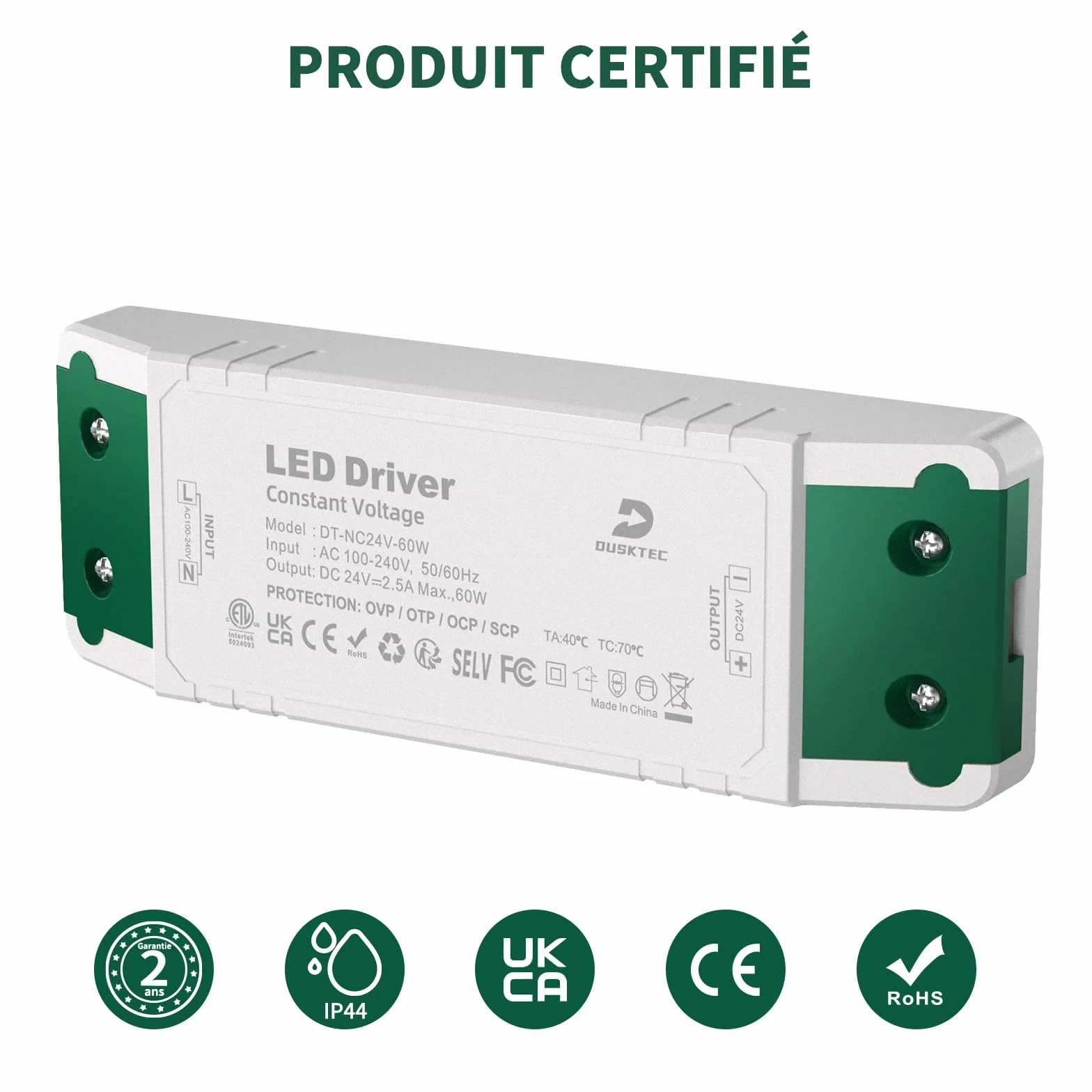 DUSKTEC Transformateur LED 24V 60W Driver 2.5A 220V AC DC Alimentation Tension Constante pour CCTV GU5.3 G4