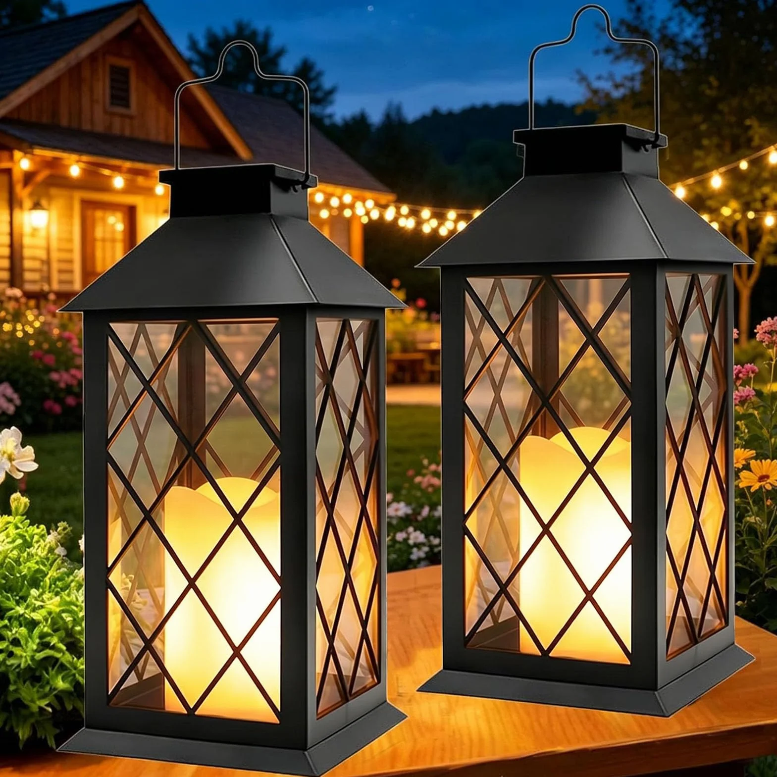 Lanterne Solaire Exterieur 2 Pièces 35cm Lampe Jardin Verre Trempé Étanche Noir