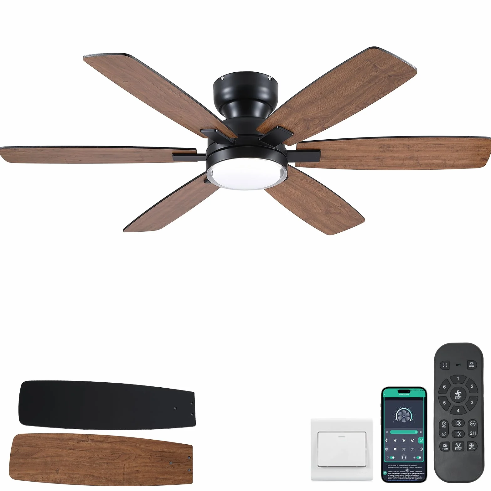 Ventilateur de plafond 132 cm avec lumière, télécommande et APP, 6 pales réversibles, couleur dimmable, marron
