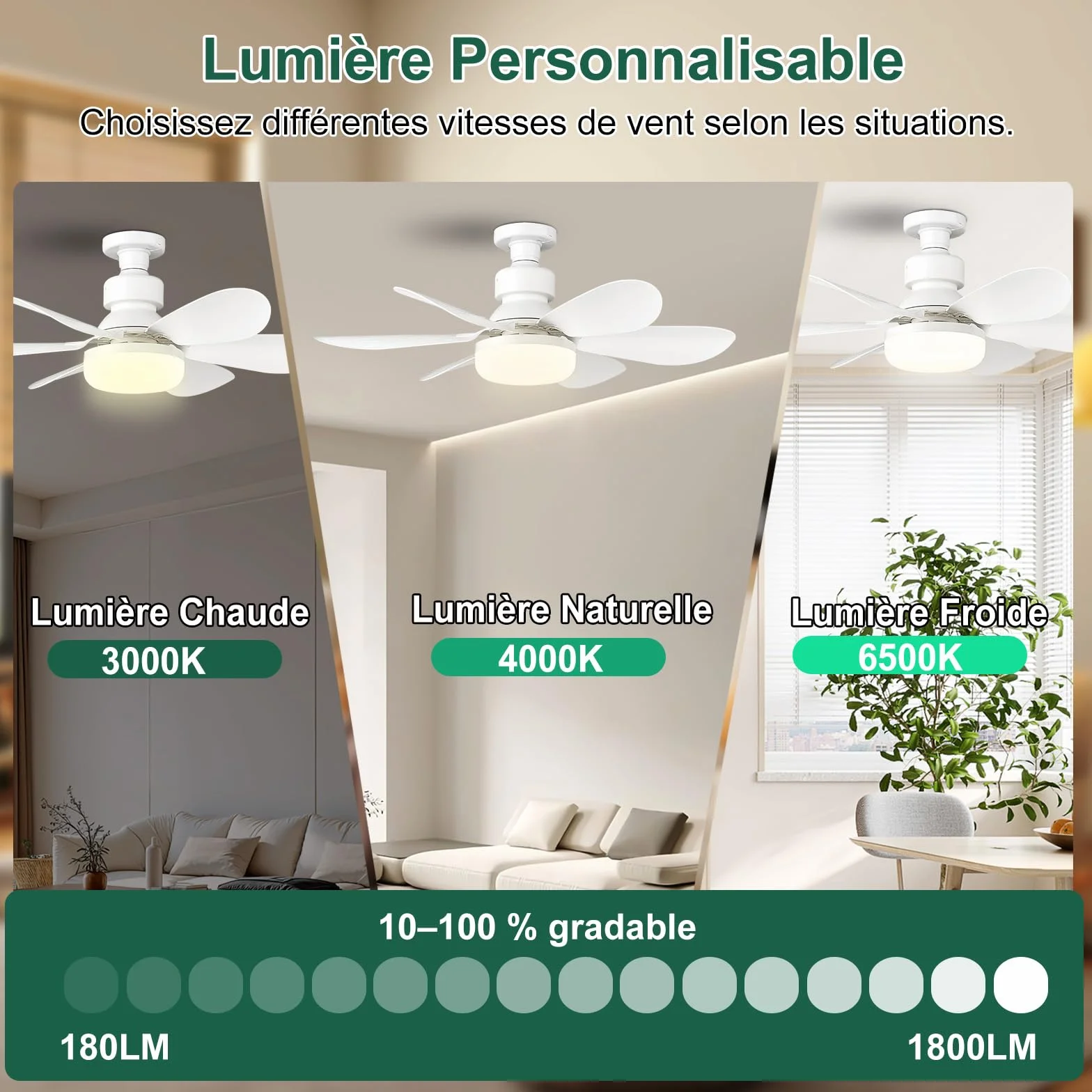 Ventilateur de Plafond avec Lumière Télécommande 52CM 30W 1800 Lumen 3000-6500K 3 Couleurs 3 Vitesses E27 Blanc