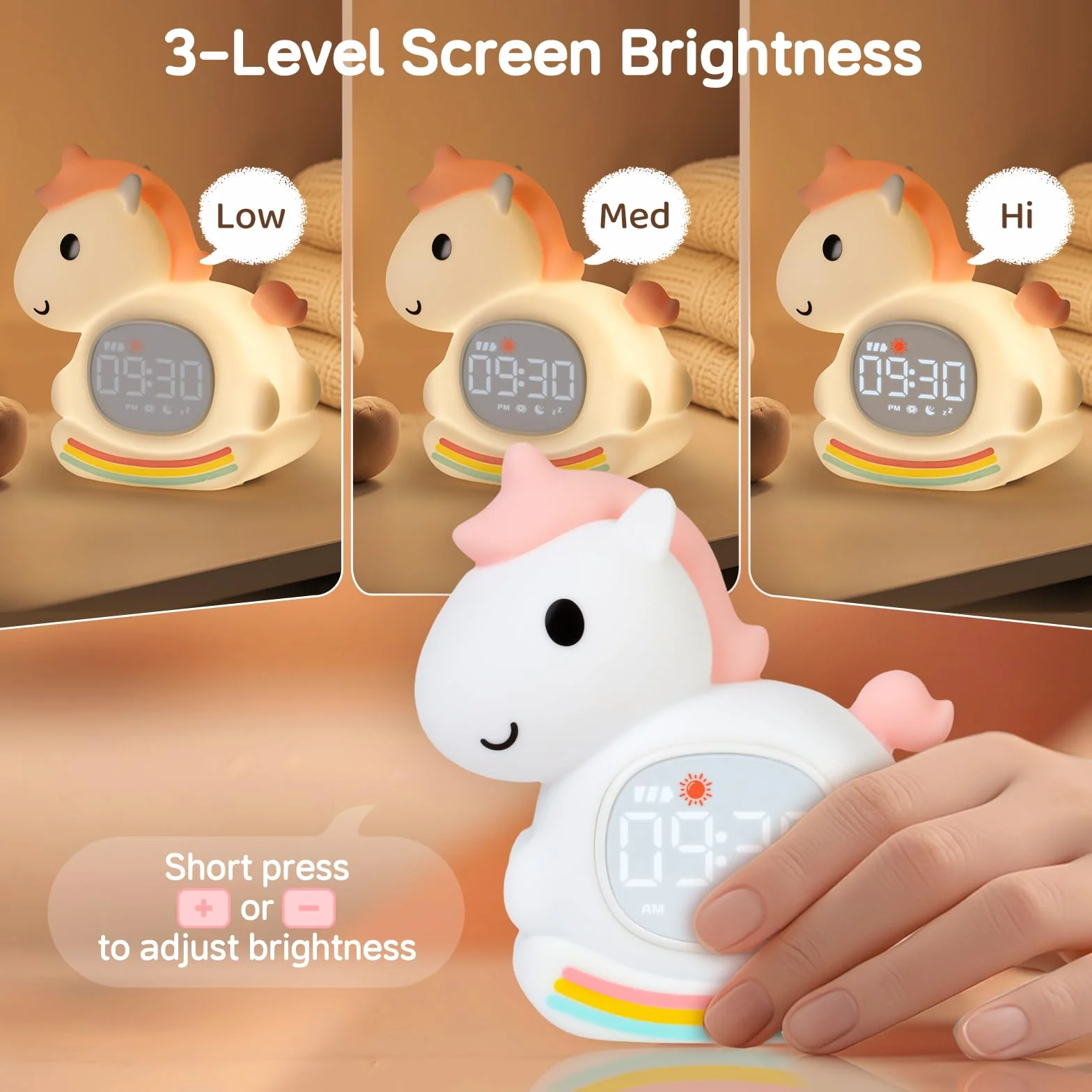Horloge Réveil Poney Veilleuse Enfants Lampe Rechargeable Silicone Rose