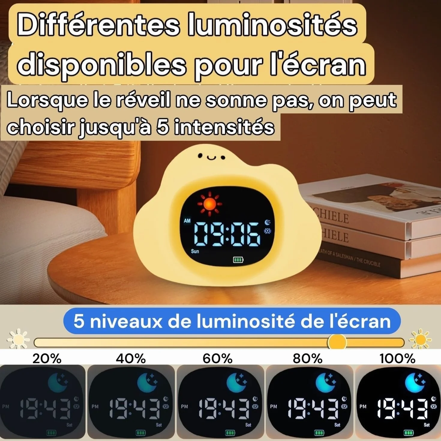 Réveil Enfant éducatif Jour/Nuit Nuage Veilleuse 2 alarmes Sons apaisants Luminosité réglable