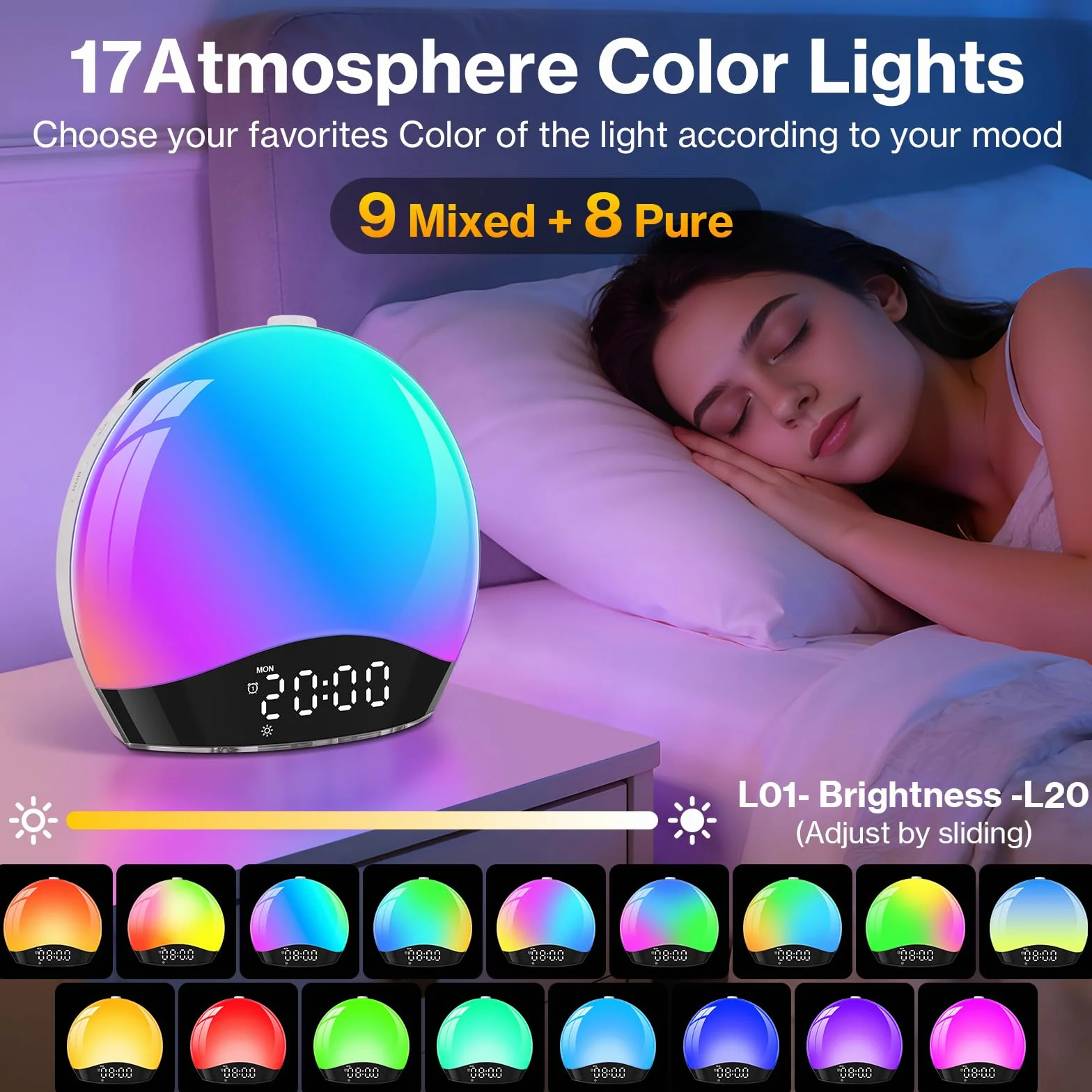 Eveil Lumière avec Enceinte Bluetooth Lampe Réveil Simulateur d'Aube LED 17 Couleurs 20 Niveaux Luminosité