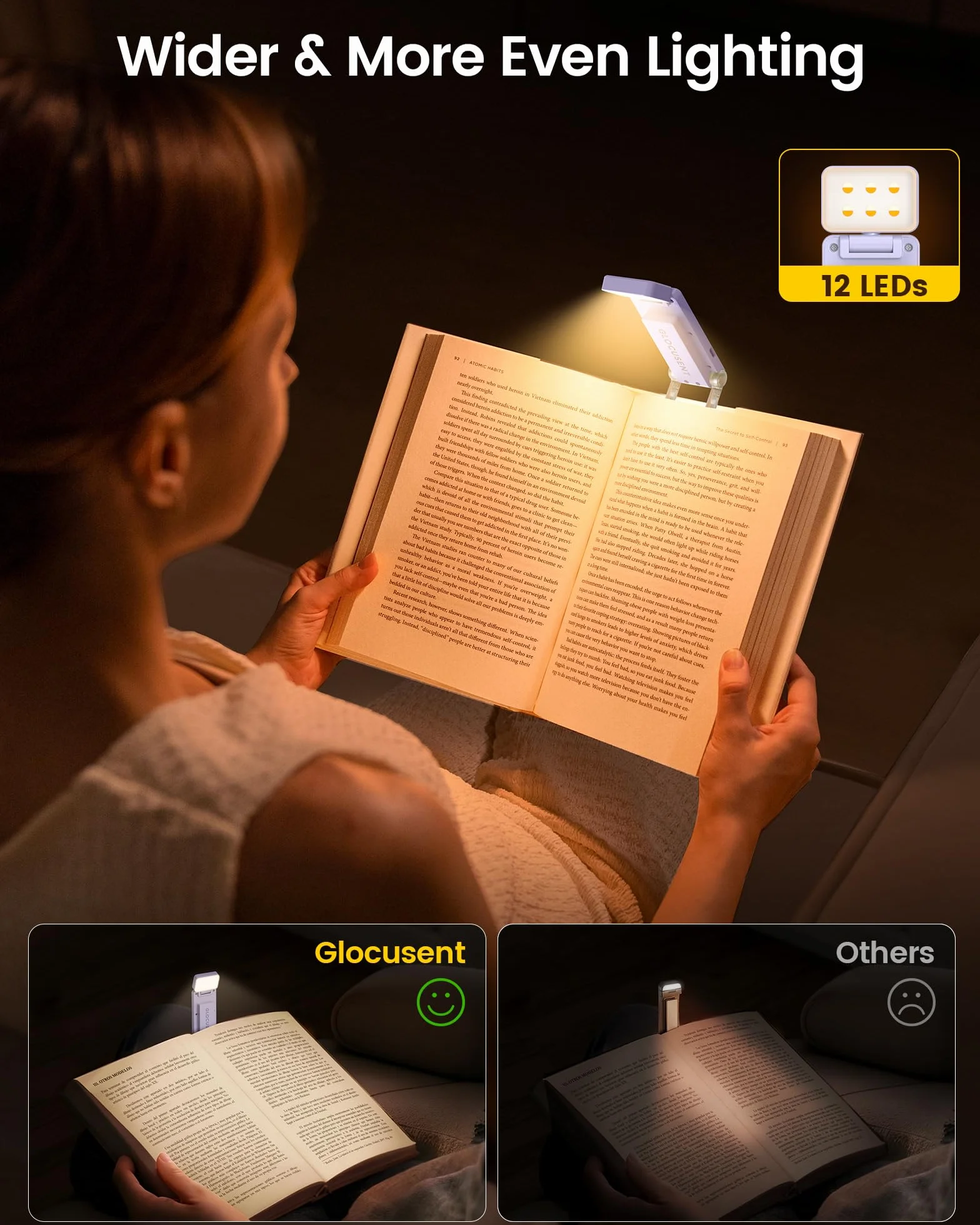Glocusent Lampe de Lecture avec Pince, 100h Autonomie, 5 Niveaux & Couleurs, 12 LEDs Anti-Éblouissement
