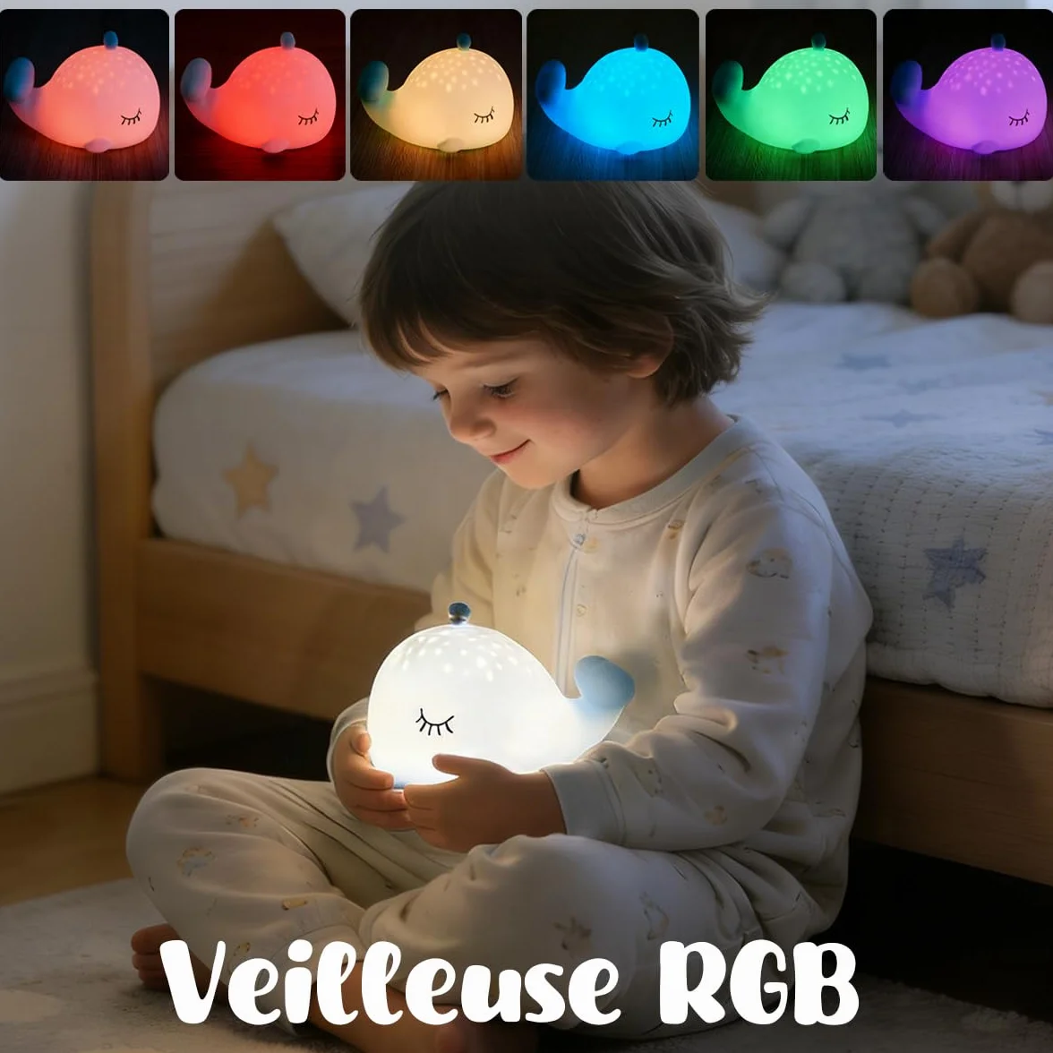 Veilleuse Bébé Bruit Blanc Rechargeable Silicone Baleine Lampe Chevet RGB 6 Couleurs 5 Sons Naturels