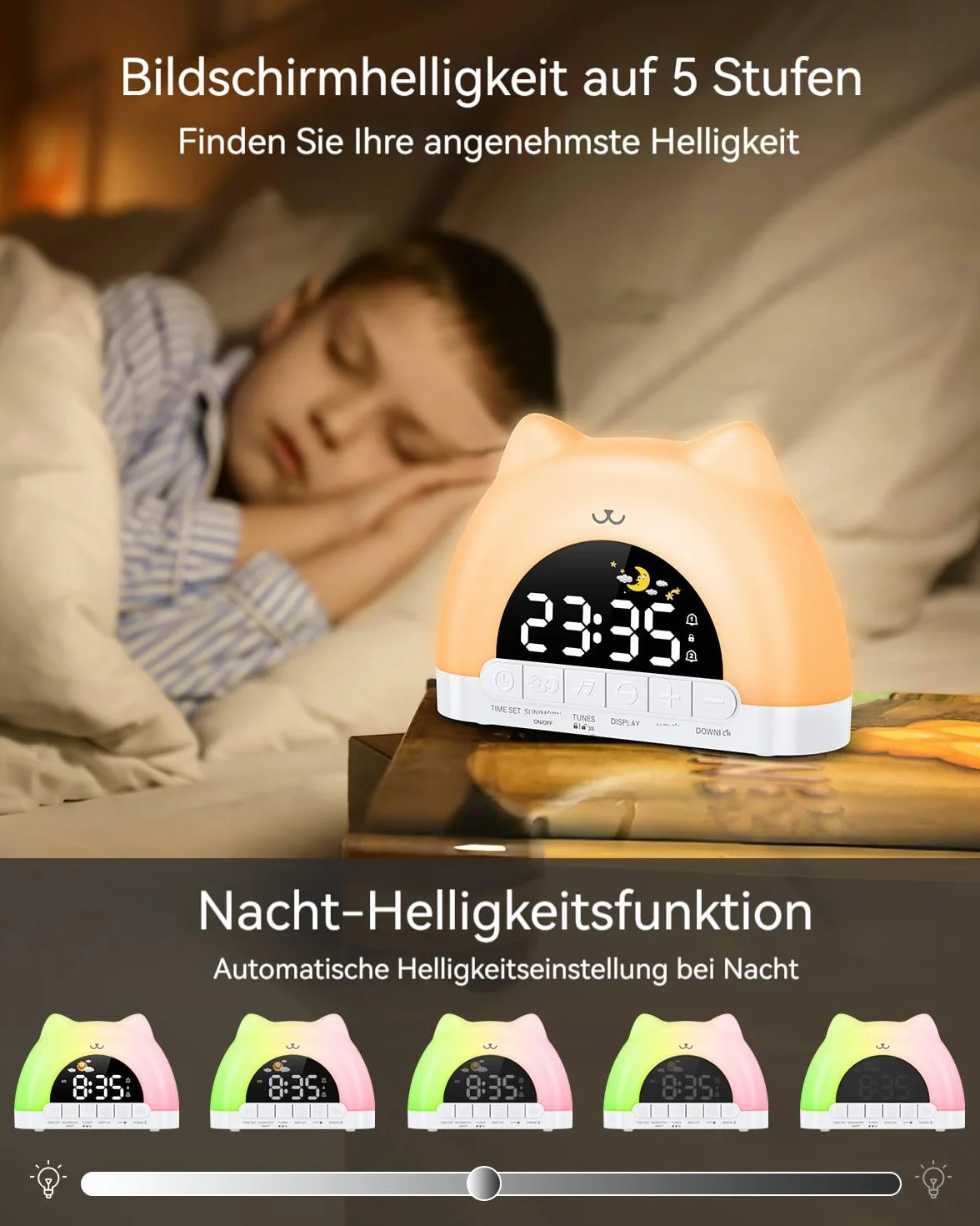 Réveil numérique enfant RVB double alarme snooze 11 couleurs 10 effets sonores