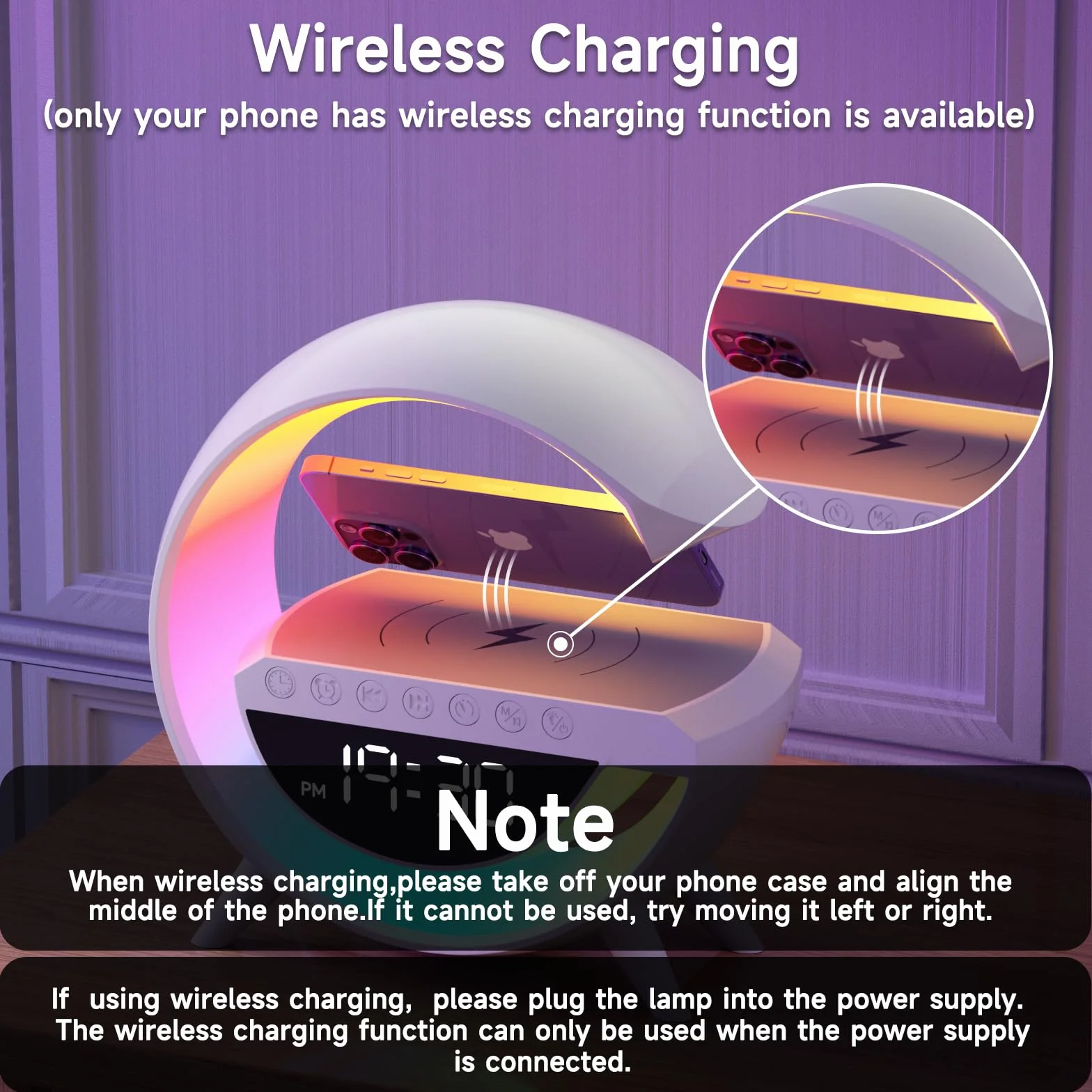 Chargeur sans fil Lampe LED Réveil avec haut-parleur Bluetooth 15W 13 Modes Lumières pour bureau