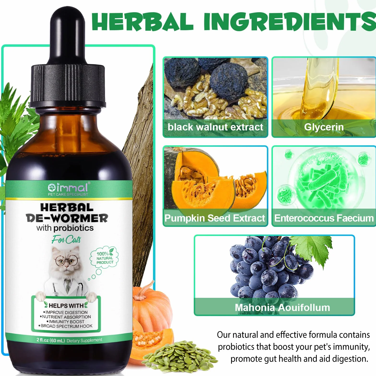 Vermifuge Liquide pour Chat 60 ML, Gouttes Vermifuges Naturelles à Base de Plantes, Favorise la Santé Intestinale