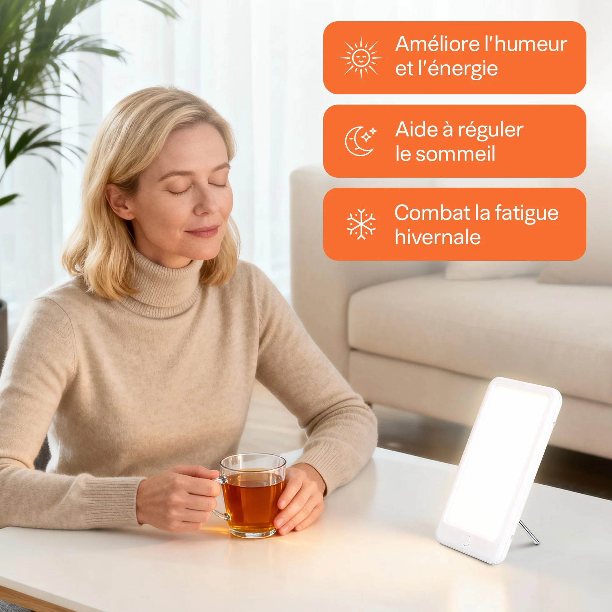 Lampe de Luminothérapie 15000 Lux Sans UV, 3 Niveaux d'Intensité, Design Compact Portable LED