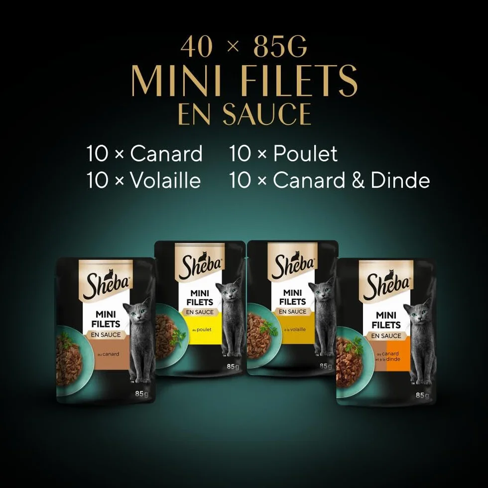 SHEBA Mini Filets Sachets Fraîcheur en Sauce Sélection à la Volaille pour Chat Adulte 40x85g