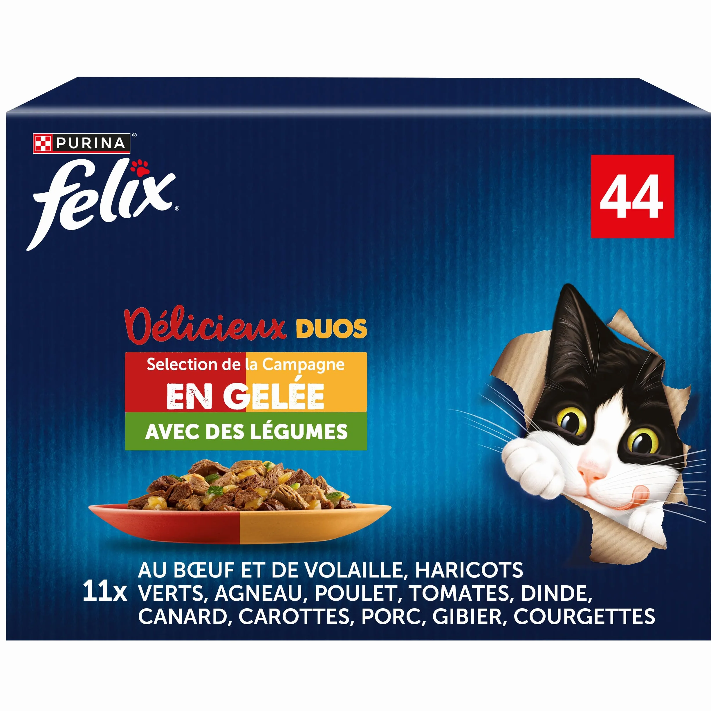 FELIX Délicieux Duos En Gelée Chat Adulte Sélection de la Campagne aux Légumes Sachets Fraîcheurs 44x85g