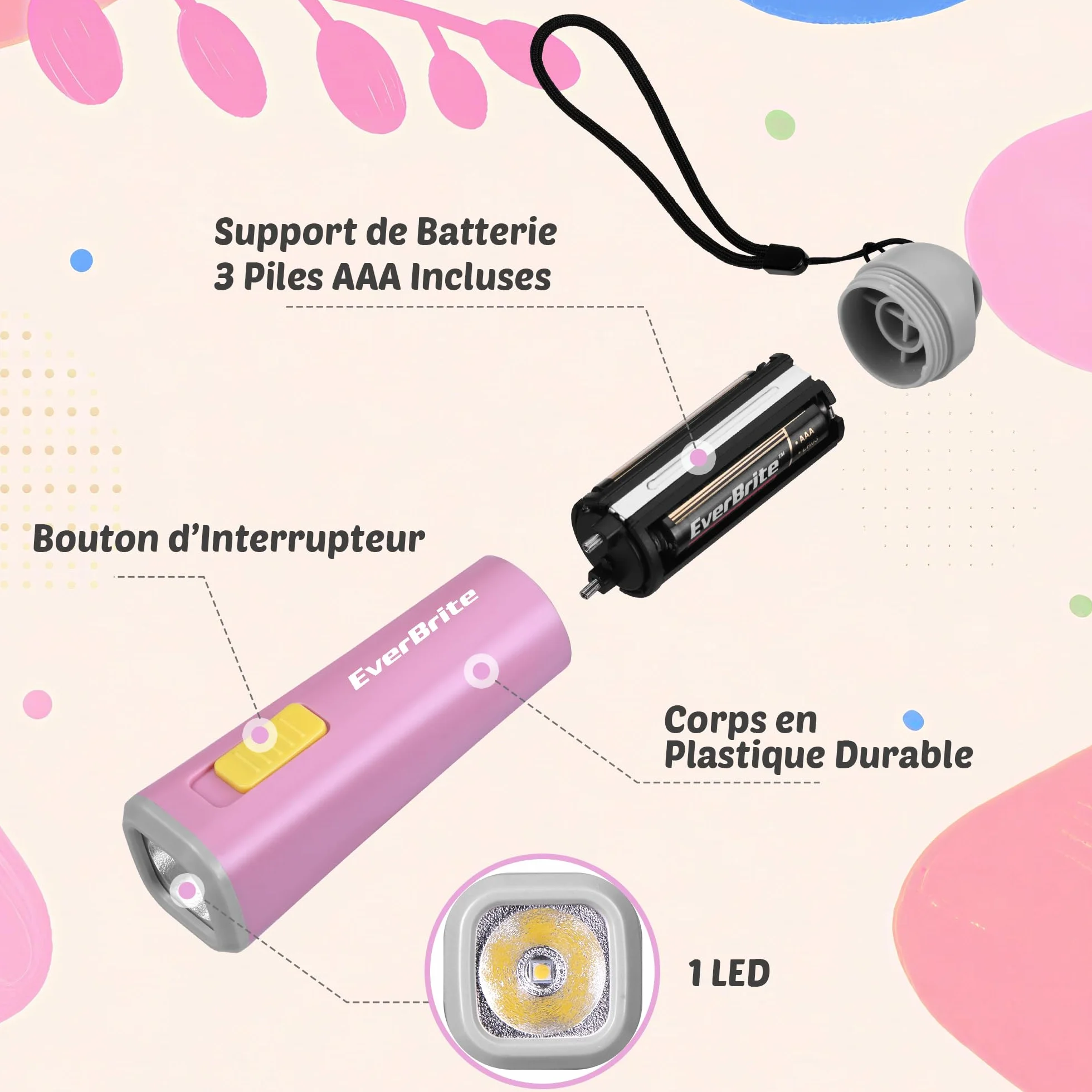 EverBrite Mini Lampe de Poche LED Rose, Lampe Torche Léger 46g Lumière Jaune, 3 Piles AAA Incluses
