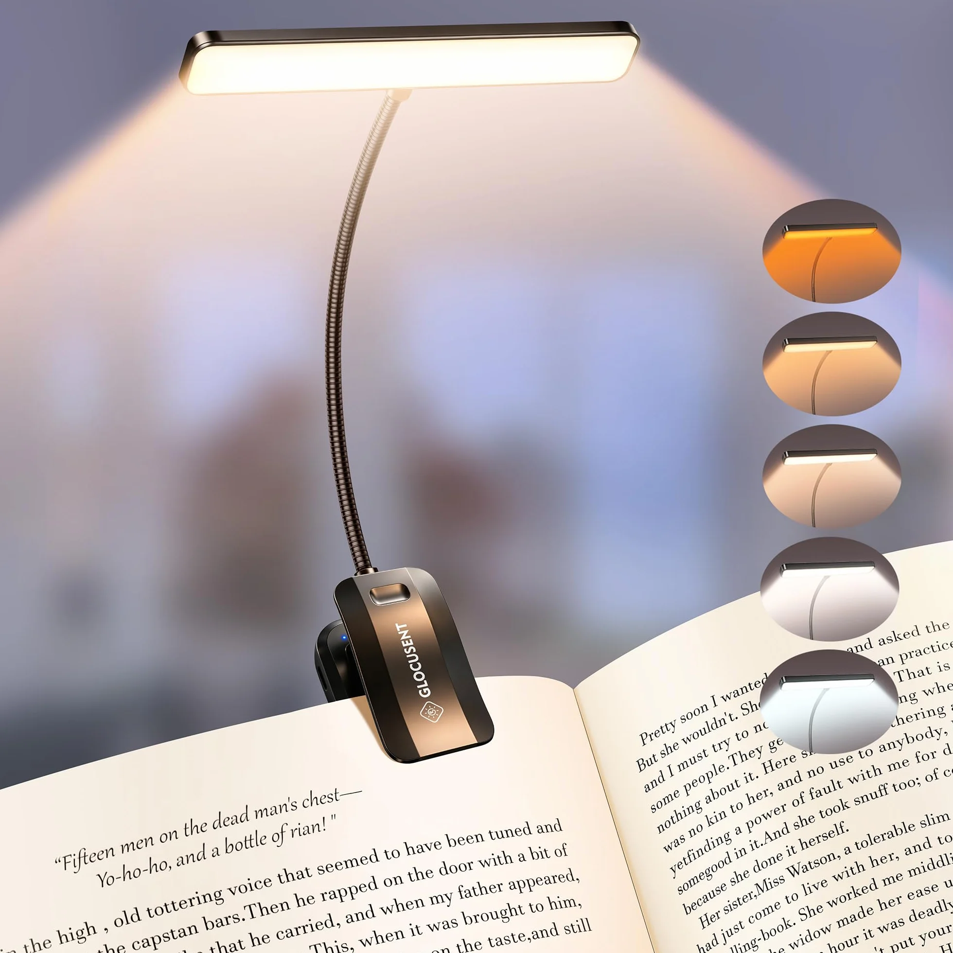 Glocusent Lampe de Lecture 26 LED, Rechargeable USB-C, 5 Luminosités & 5 Couleurs, 360° Cou Flexible, Autonomie 90h