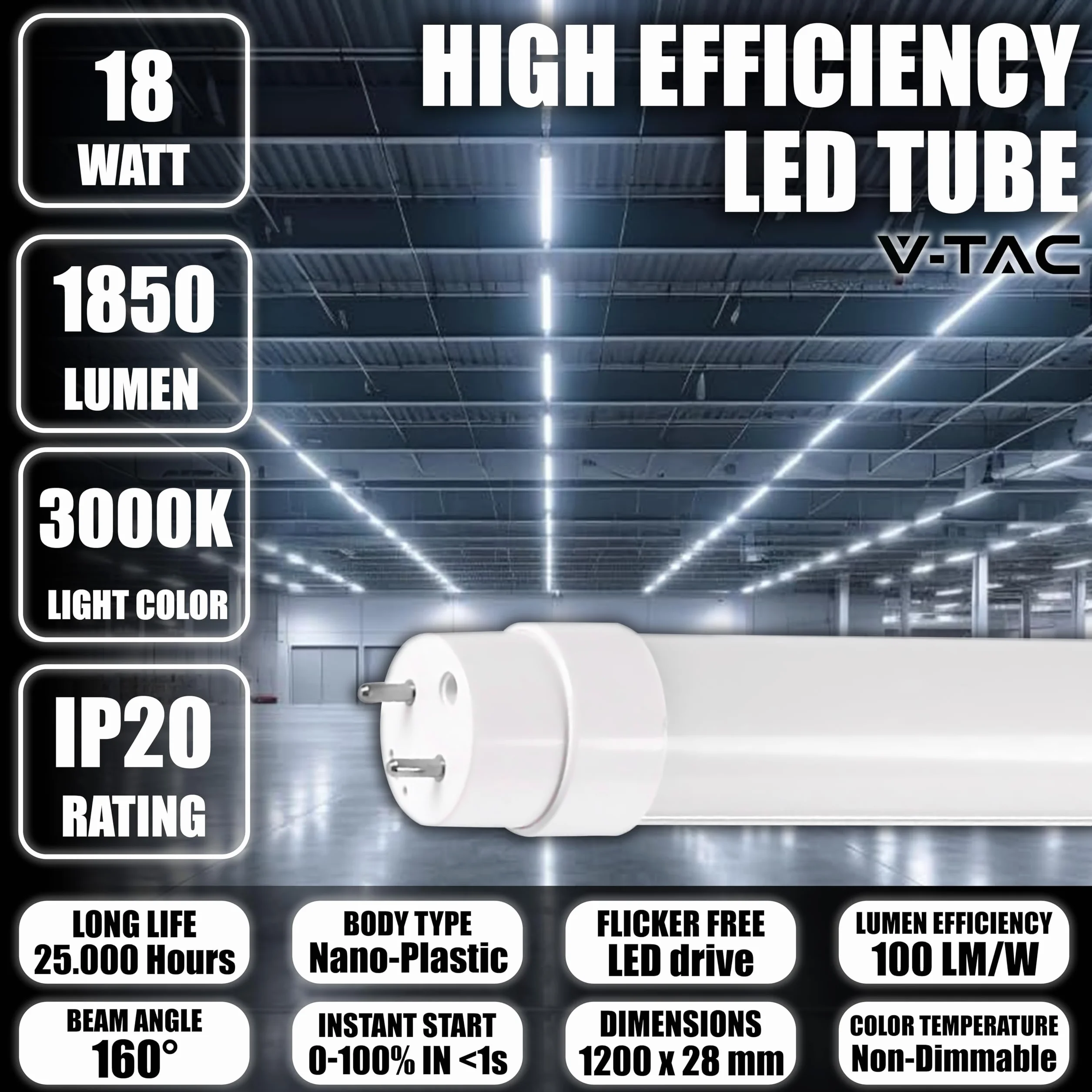 V-TAC Tubes LED T8 G13 18W 120CM 1850 Lumens Samsung Chip Blanc Chaud 3000K