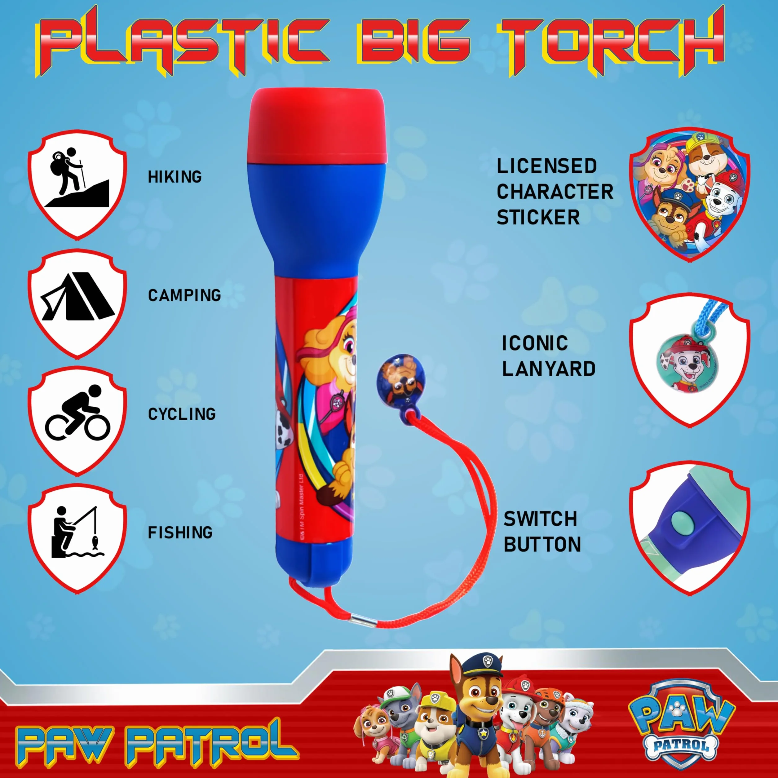 PAW PATROL Grande torche LED pour enfants, veilleuse lumineuse, lampe de poche en plastique jouet cadeau