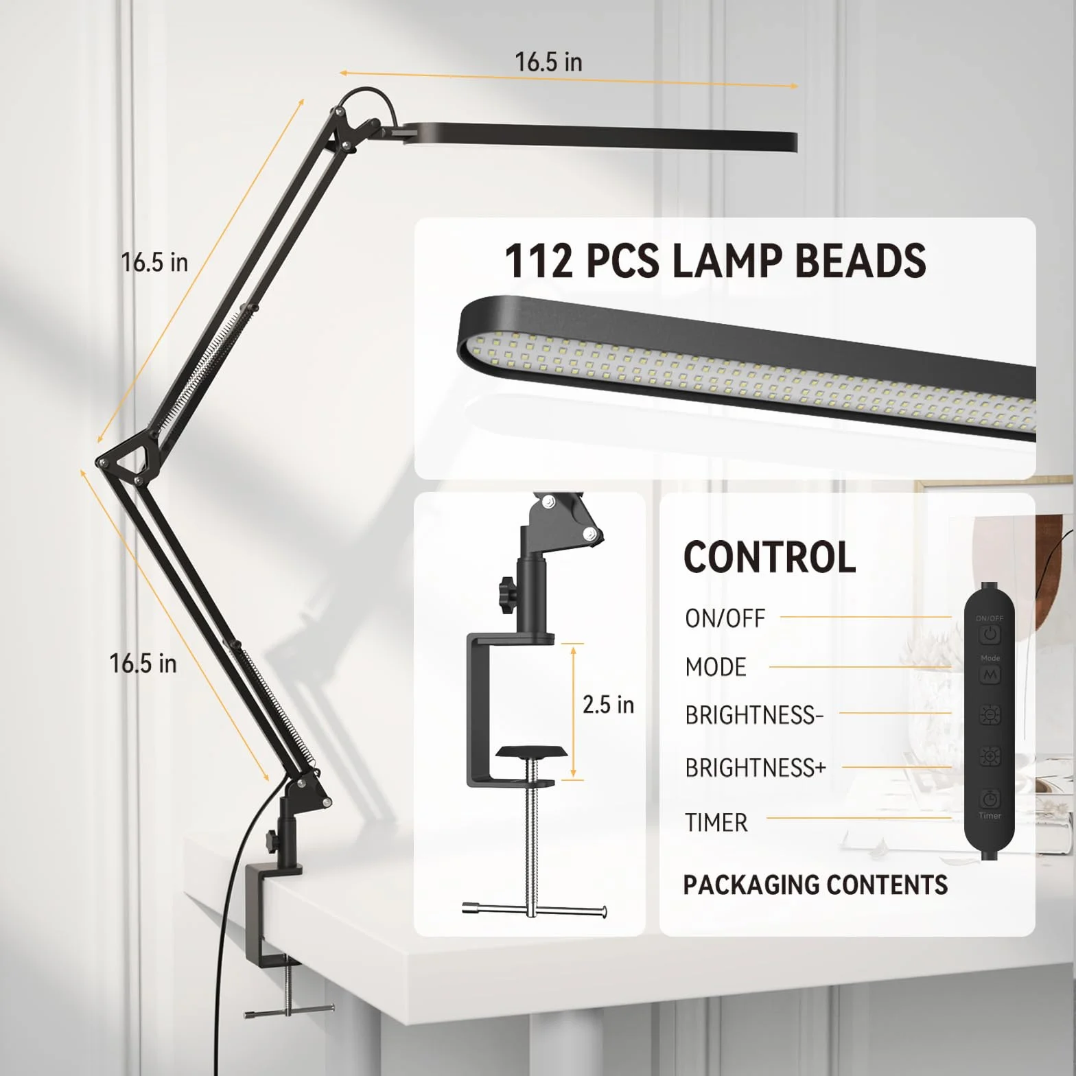 SKYLEO Lampe de Bureau LED 1300LM 5 Modes de Couleur 11 Niveaux de Luminosité Bras Pivotant Réglable 12W Noir