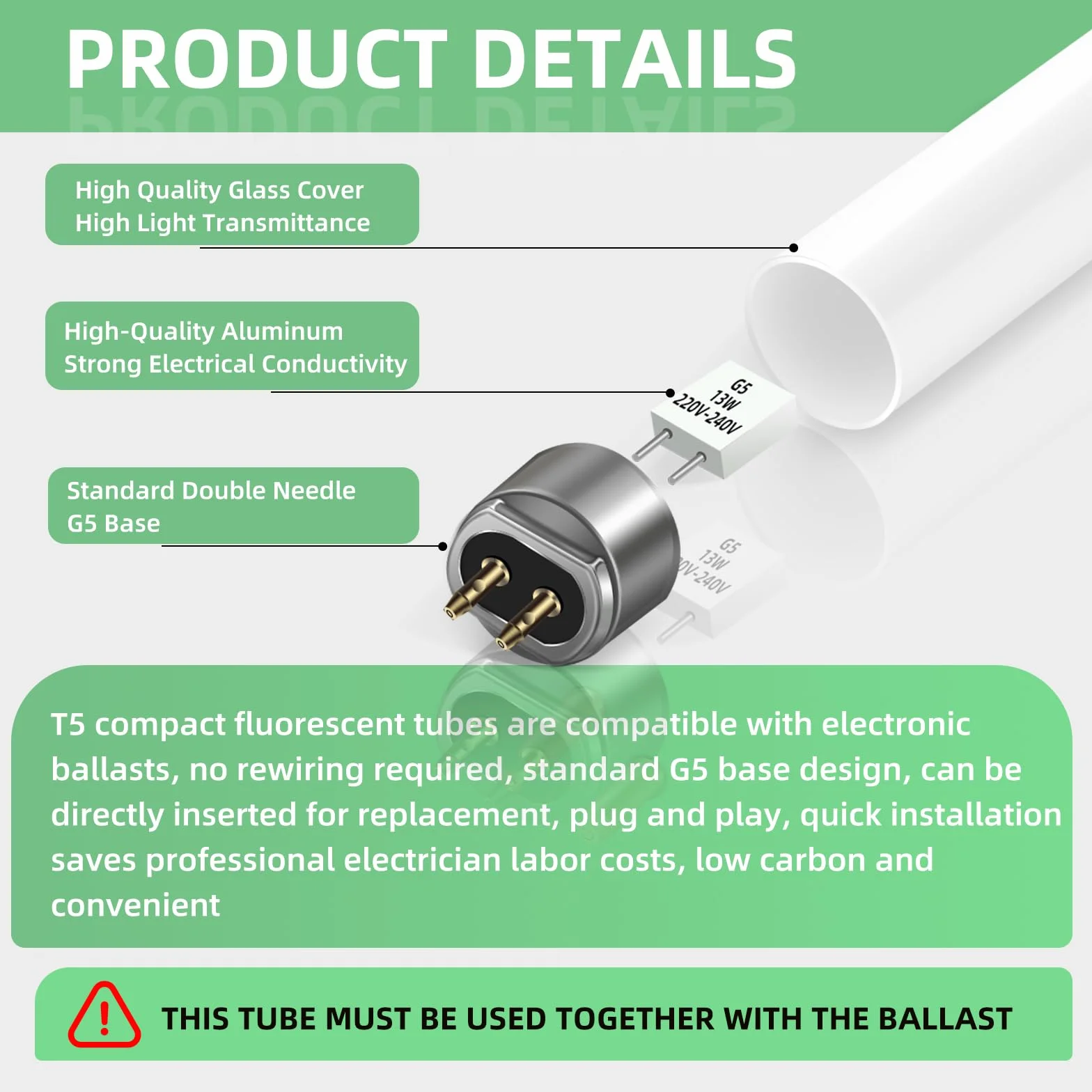 Tubes Fluorescents 13W 525mm T5 Blanc Froid 4000K 1000LM G5 2 Pack