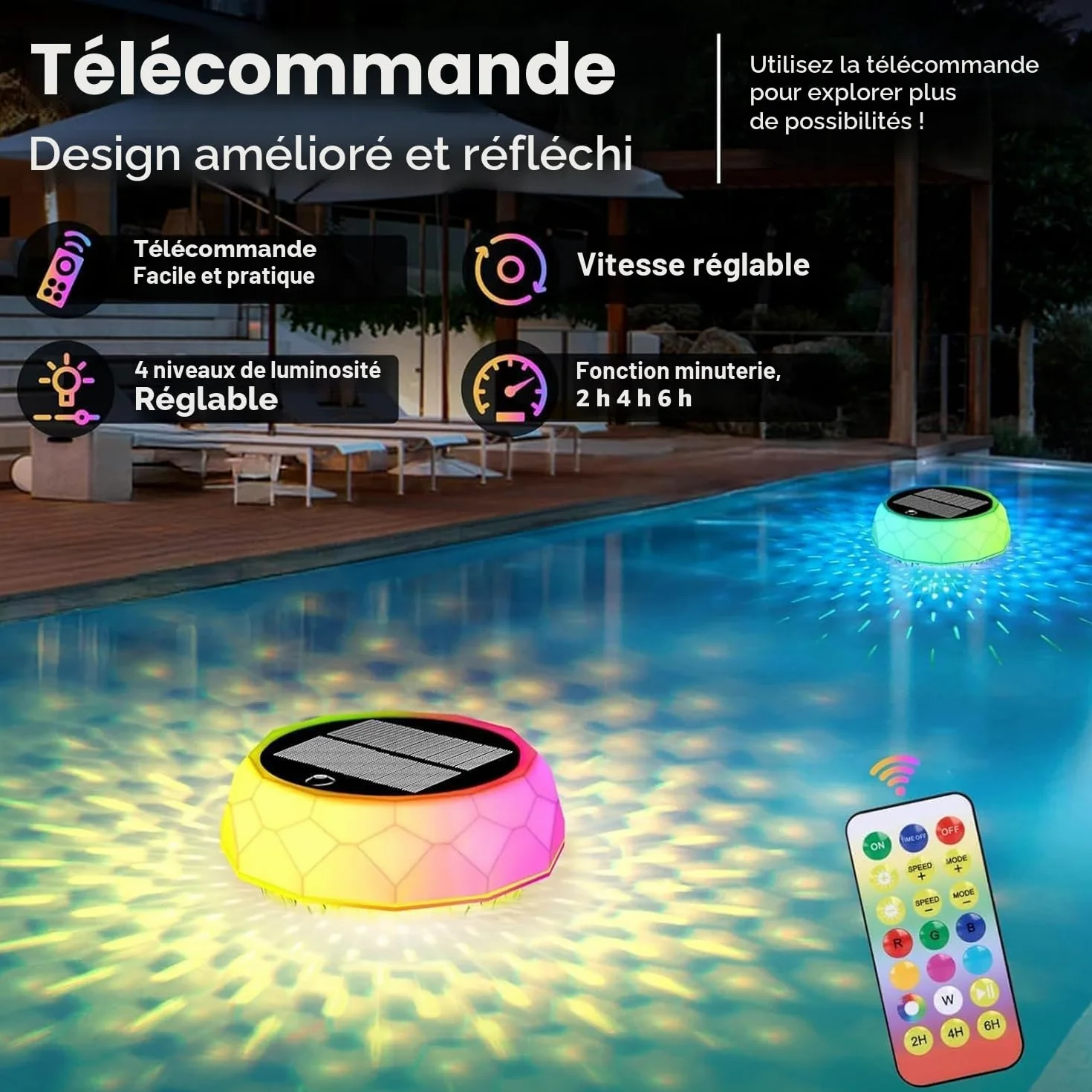 yowin Lumiere Piscine Solaire Flottante 7 Couleurs 3 Modes IP68 Étanche