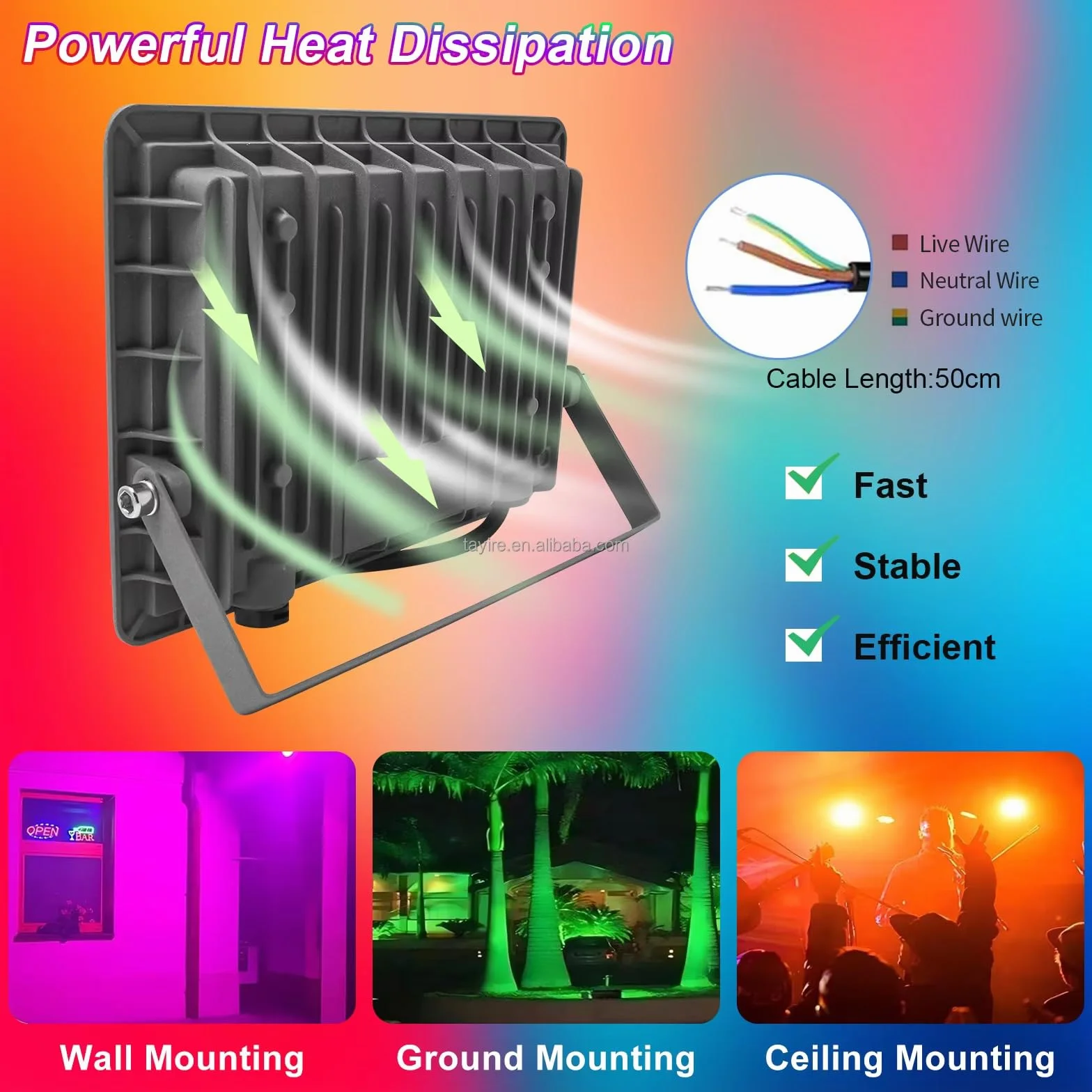 Projecteur LED Extérieur 100W RGB CCT 2700K-6500K IP66 Contrôle APP Musique Sync Minuteur Dimmable