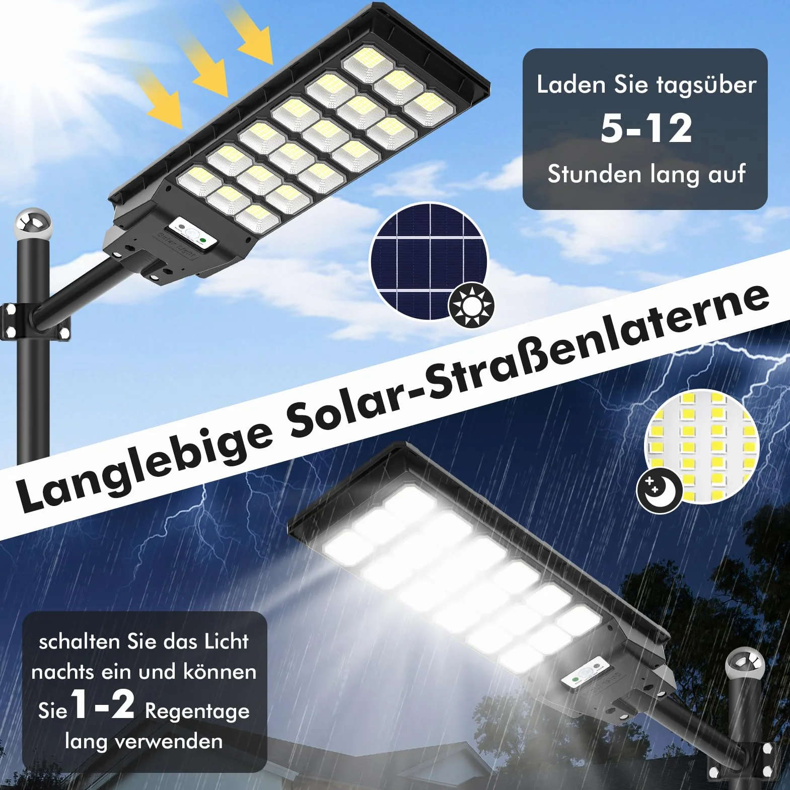 Lampadaire Solaire LED 600W Extérieur IP65 Étanche 6500K Détecteur de Mouvement