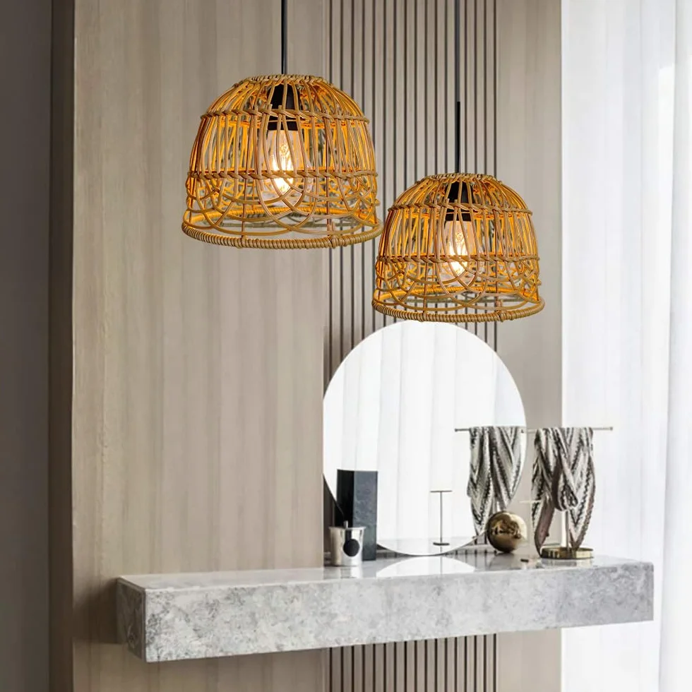 Suspension Bohème Solaire en Rotin Tressé Naturel IP44 LED Lumière Chaude