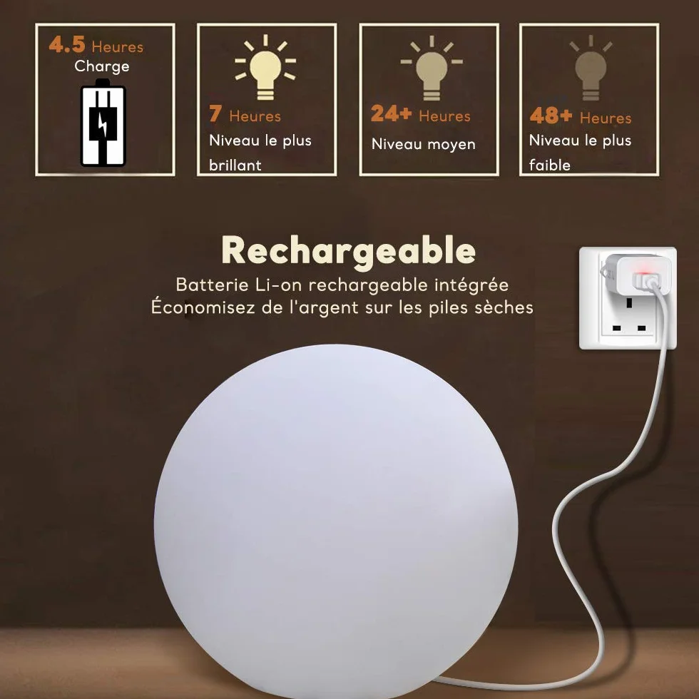MR.GO 16" Imperméable Jardin Boule Lampe LED Changement de Couleur Rechargeable avec Télécommande 16 Couleurs