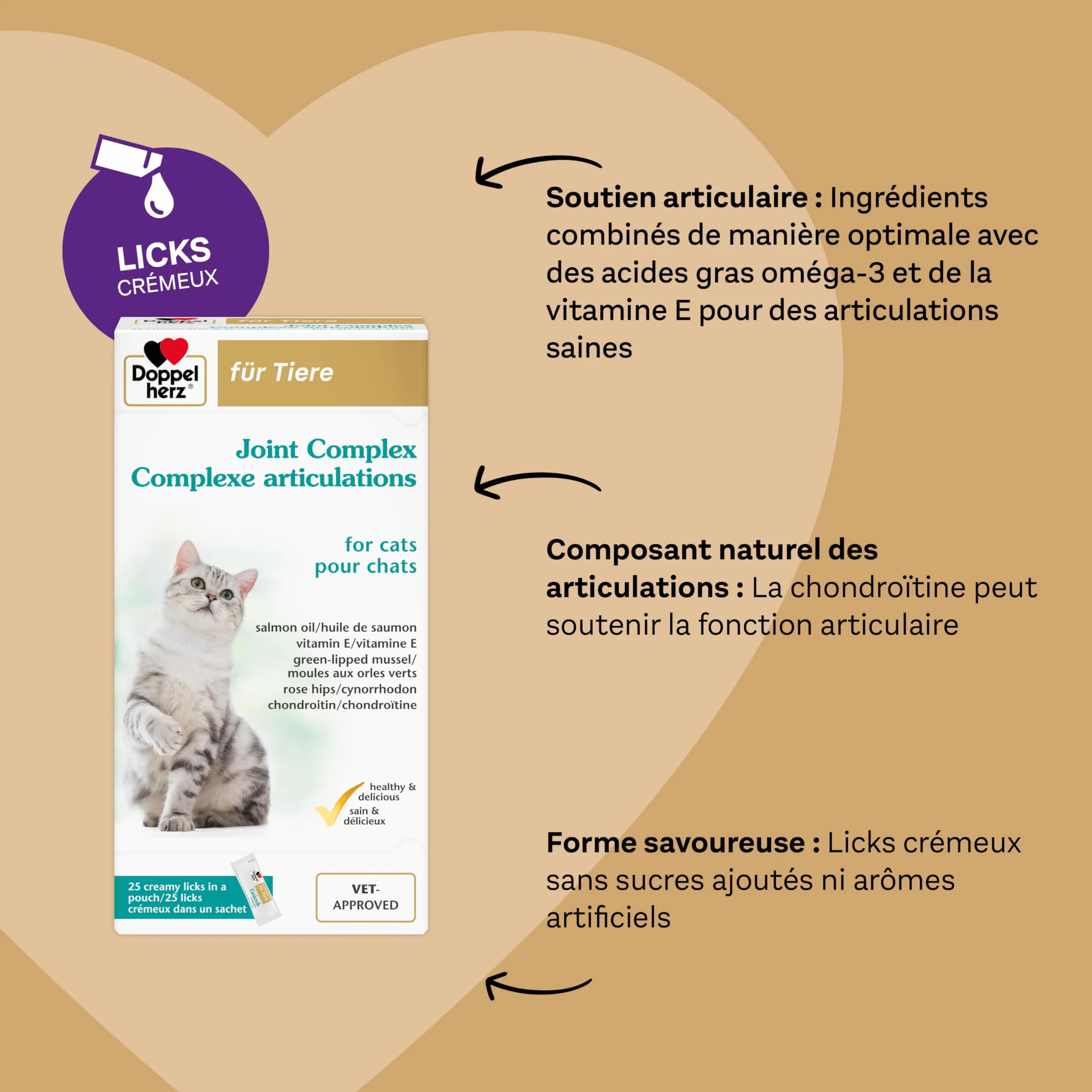 Doppelherz Complexe articulations pour Chats, Soutien du métabolisme, Acides Gras oméga-3, vitamines E et A, 25 Licks