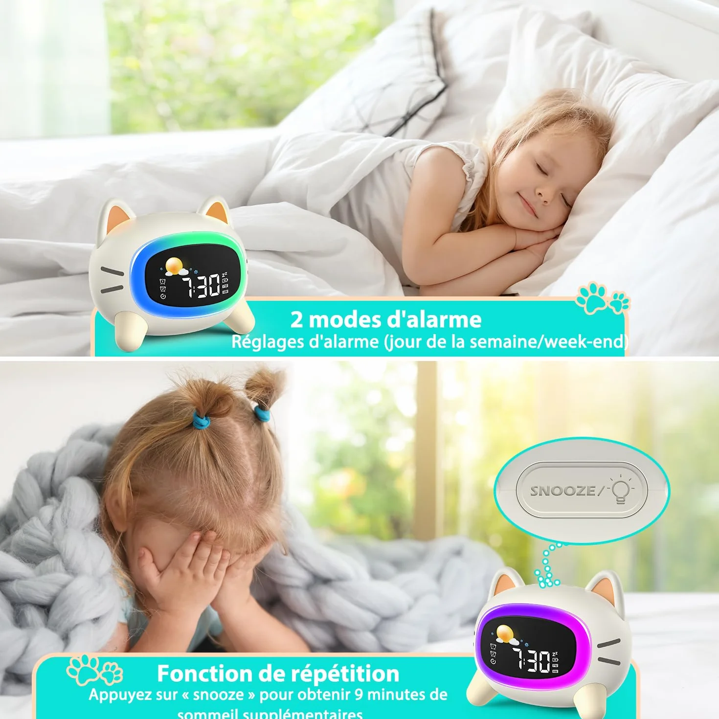 Réveil Enfant Éducatif Jour/Nuit avec LED 5 Couleurs, 7 Musiques, Deux Alarmes, Rechargeable USB Chat