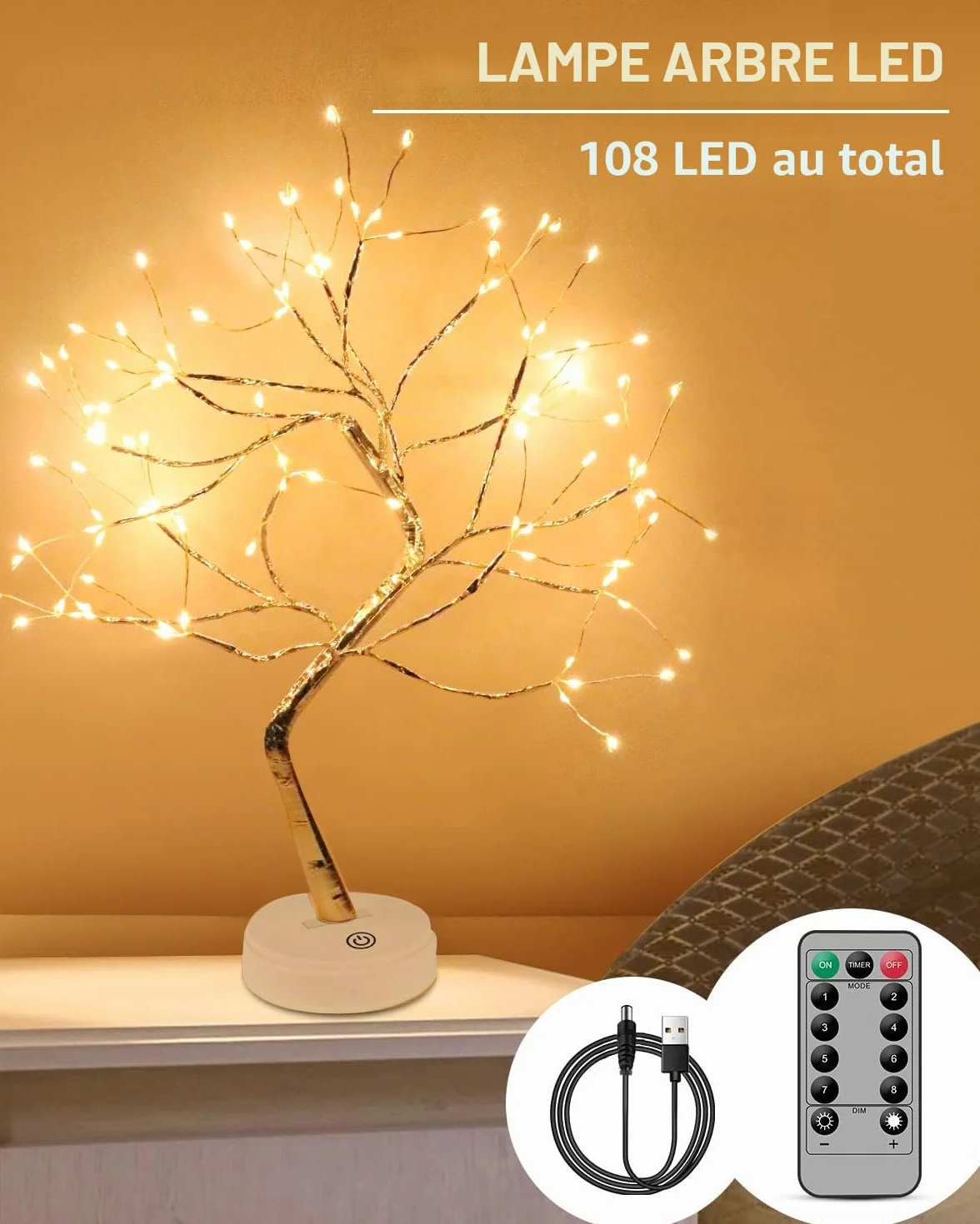 Kinamy Arbre Lumineux LED 8 Modes avec Télécommande USB/Batterie pour Décoration Mariage