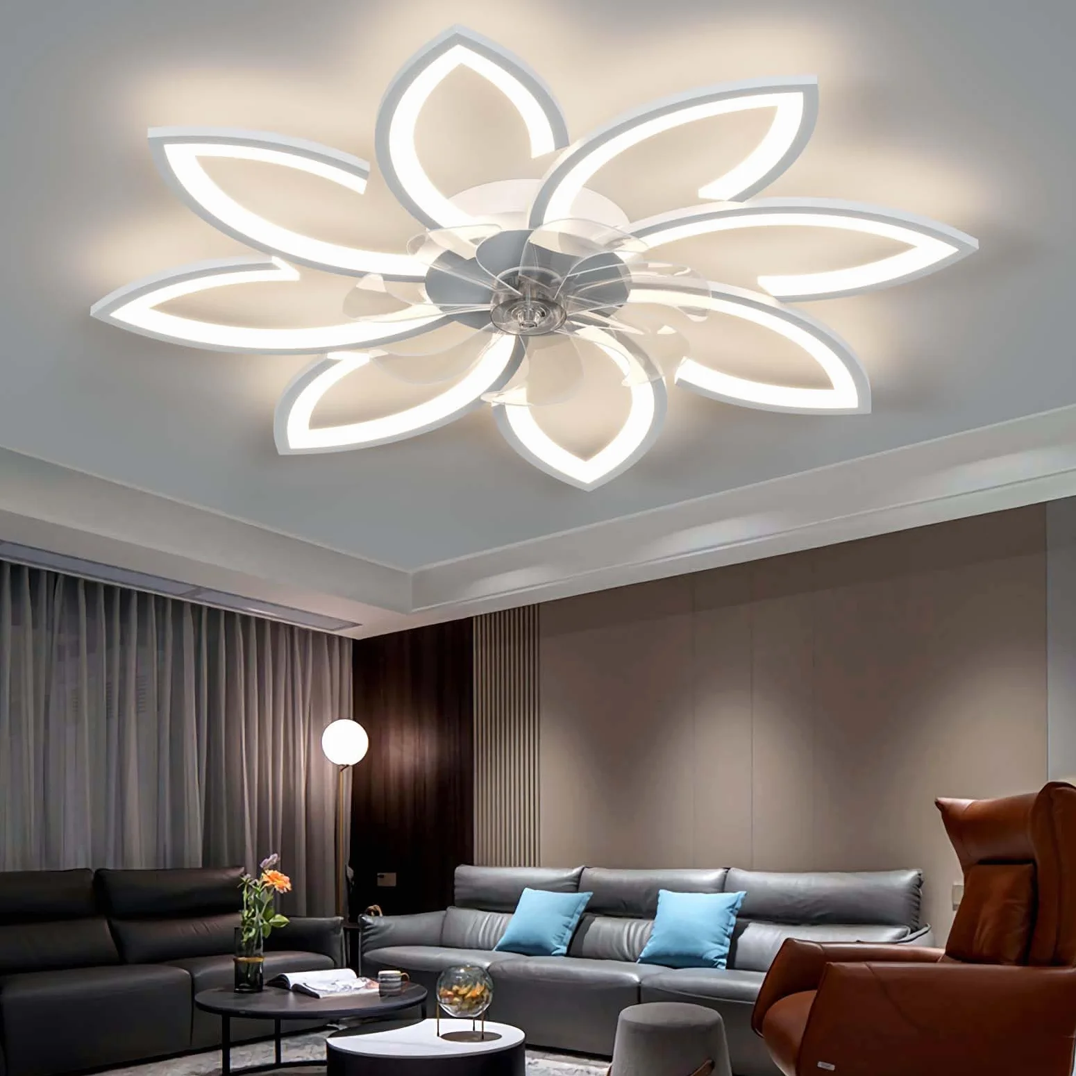 YUNZI Ventilateur de Plafond avec Lumière LED Dimmable Télécommande 6 Vitesses Blanc 90CM