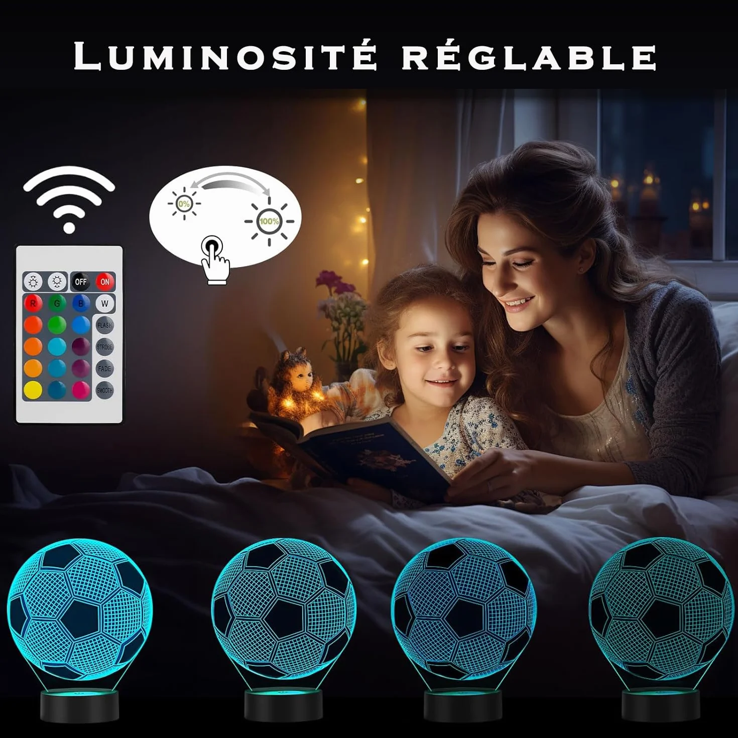 Lampe LED 3D Ballon de football Cadeaux originaux pour enfants 5-10 ans Lampe de chevet Piles Câble USB