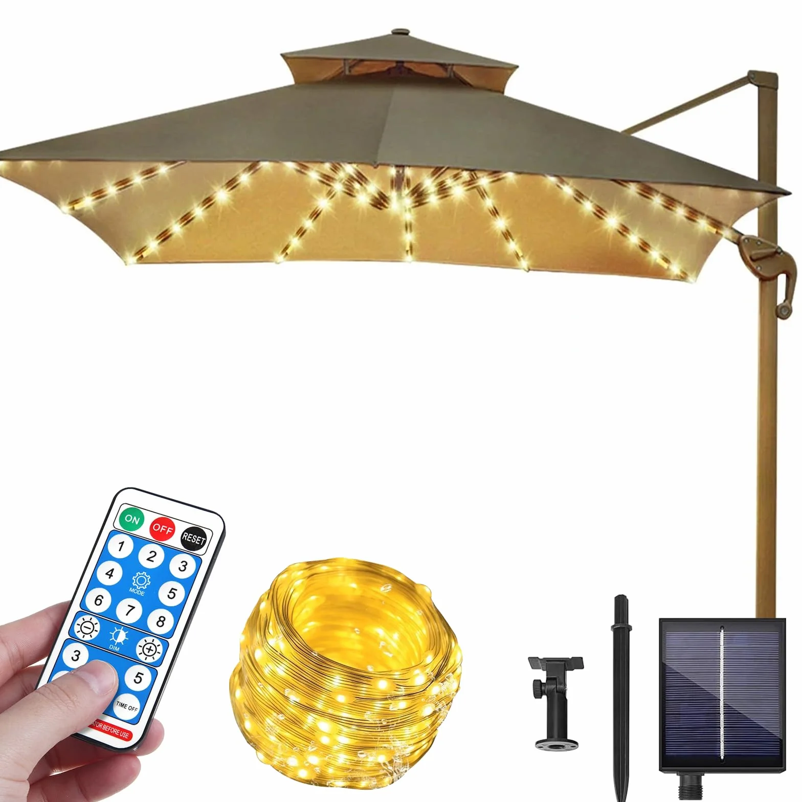 Éclairage solaire LED pour parasol 104 lumières LED télécommande 8 modes guirlande lumineuse parapluie lampes de jardin étanches