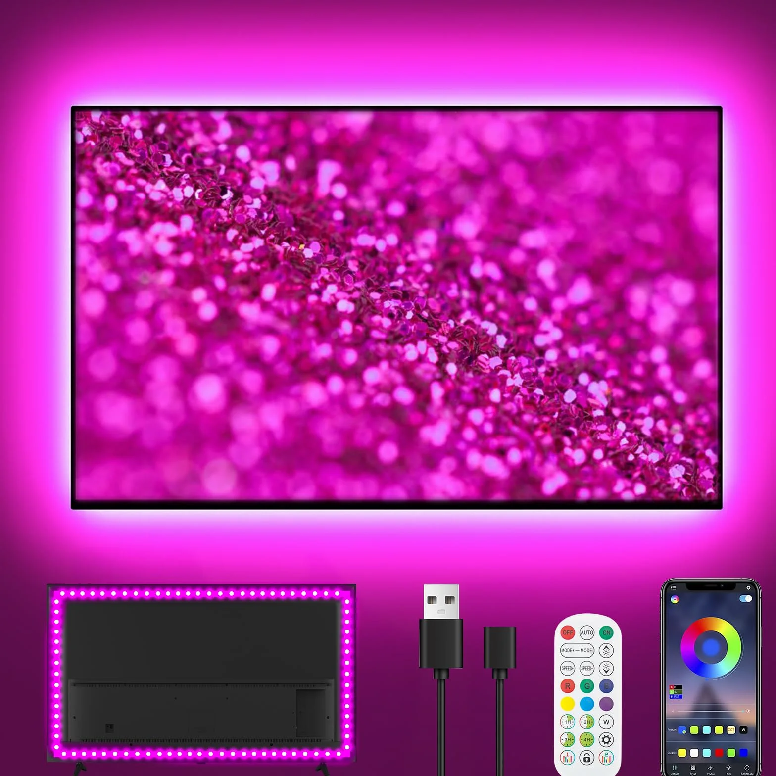 Bande LED TV Bluetooth 50-75" 16M Couleurs Synchro Musique Gaming Télécommande 2.4G Sans Lag