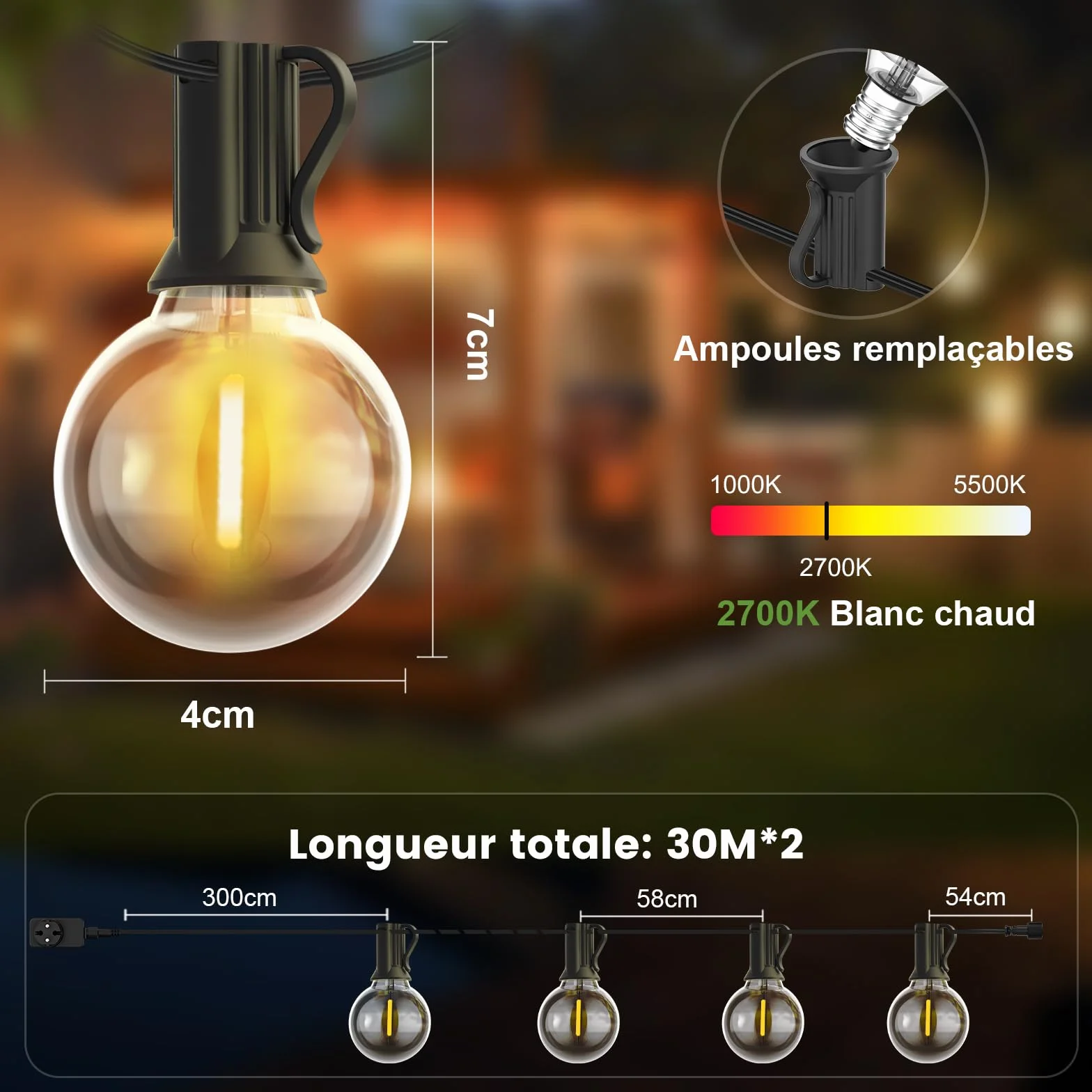 Yuusei Guirlande Lumineuse Exterieure 30M IP45 LED 100+4 G40 Ampoules avec Télécommande