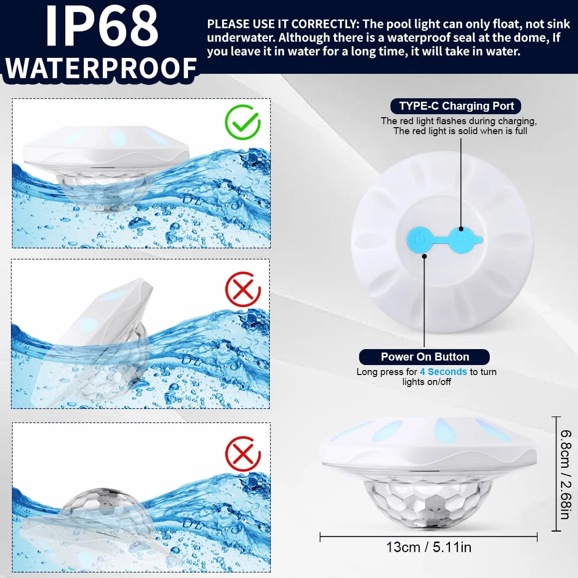 TEPENAR Lampe de piscine flottante IP68 7 modes rechargeable Éclairage disco spa LED étanche 1 pièce