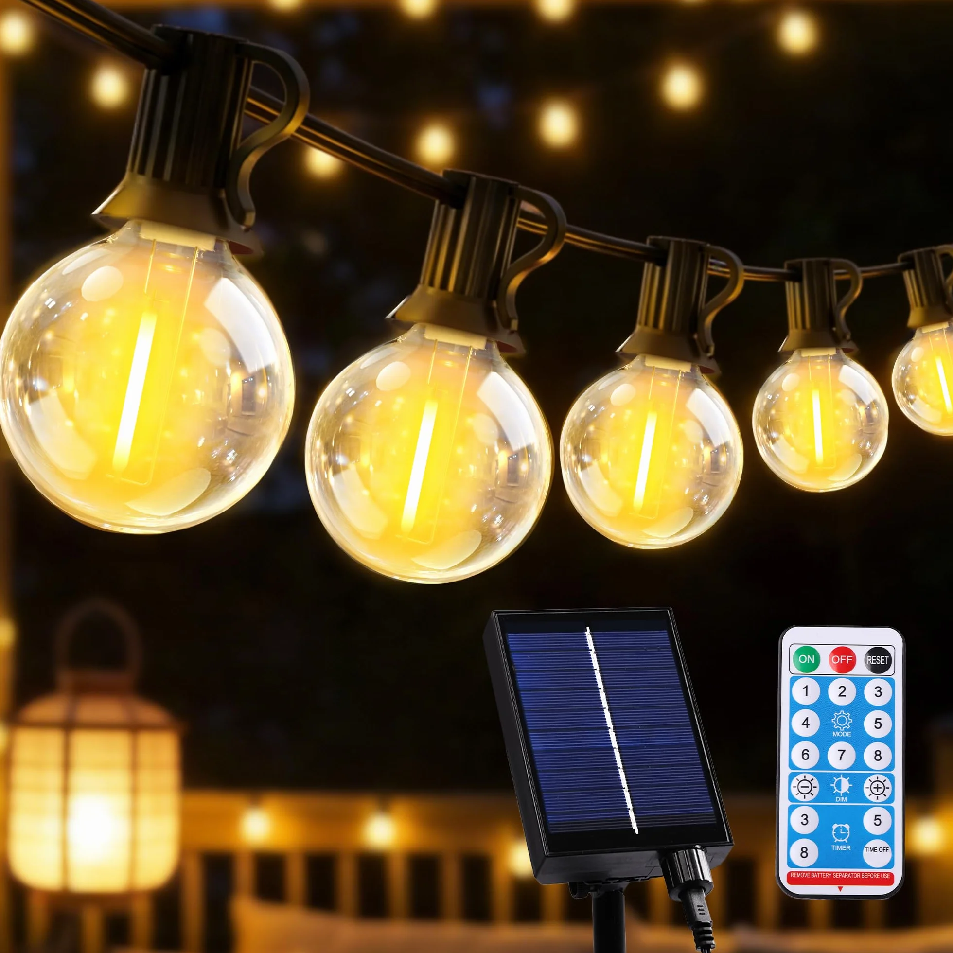 Guirlande Lumineuse Exterieure Solaire LED 10M 15+1 G40 Ampoules 8 Modes IP44 Télécommande