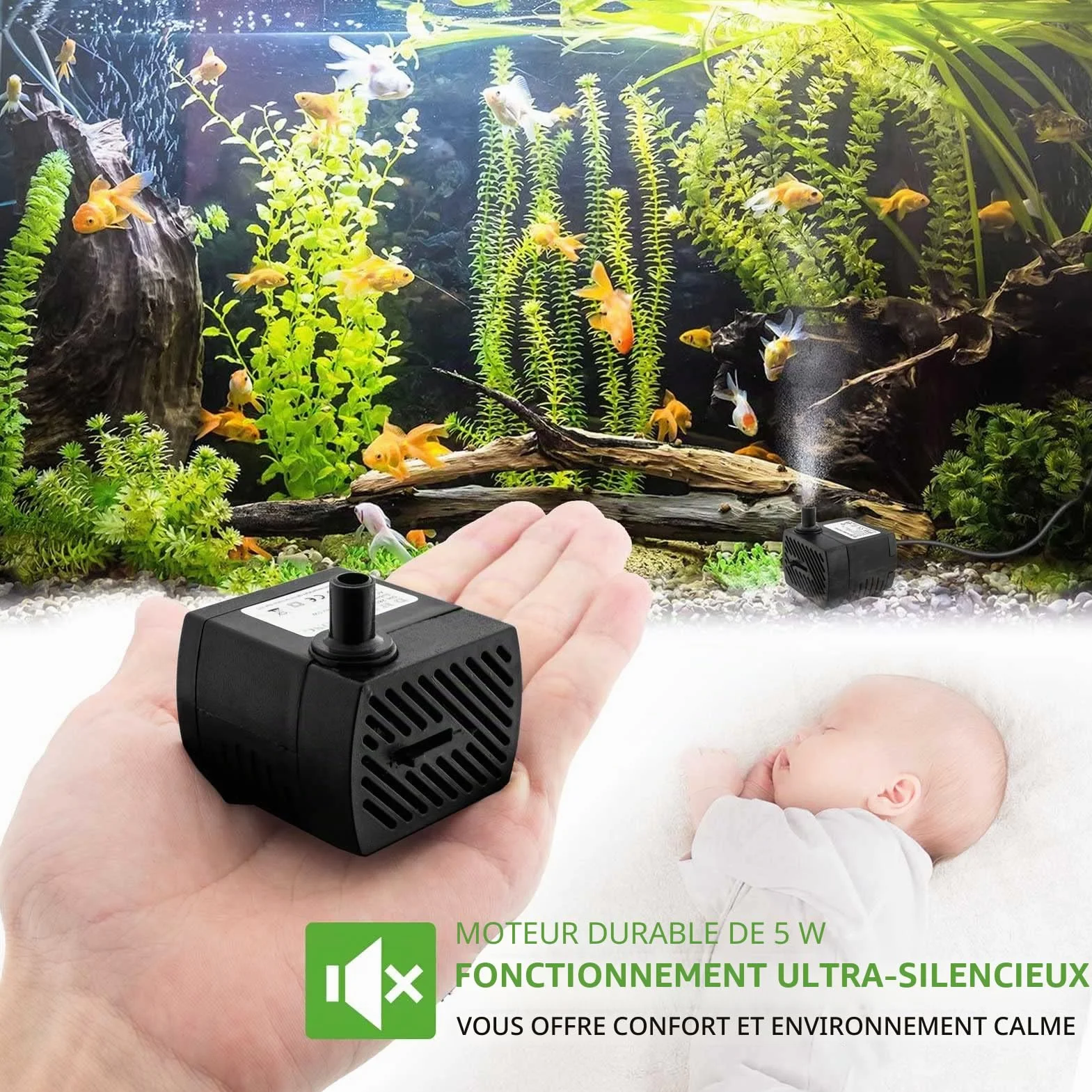 Pompe à eau aquarium silencieuse 350 L/H 5 W avec câble 1,5 m 2 buses fontaine