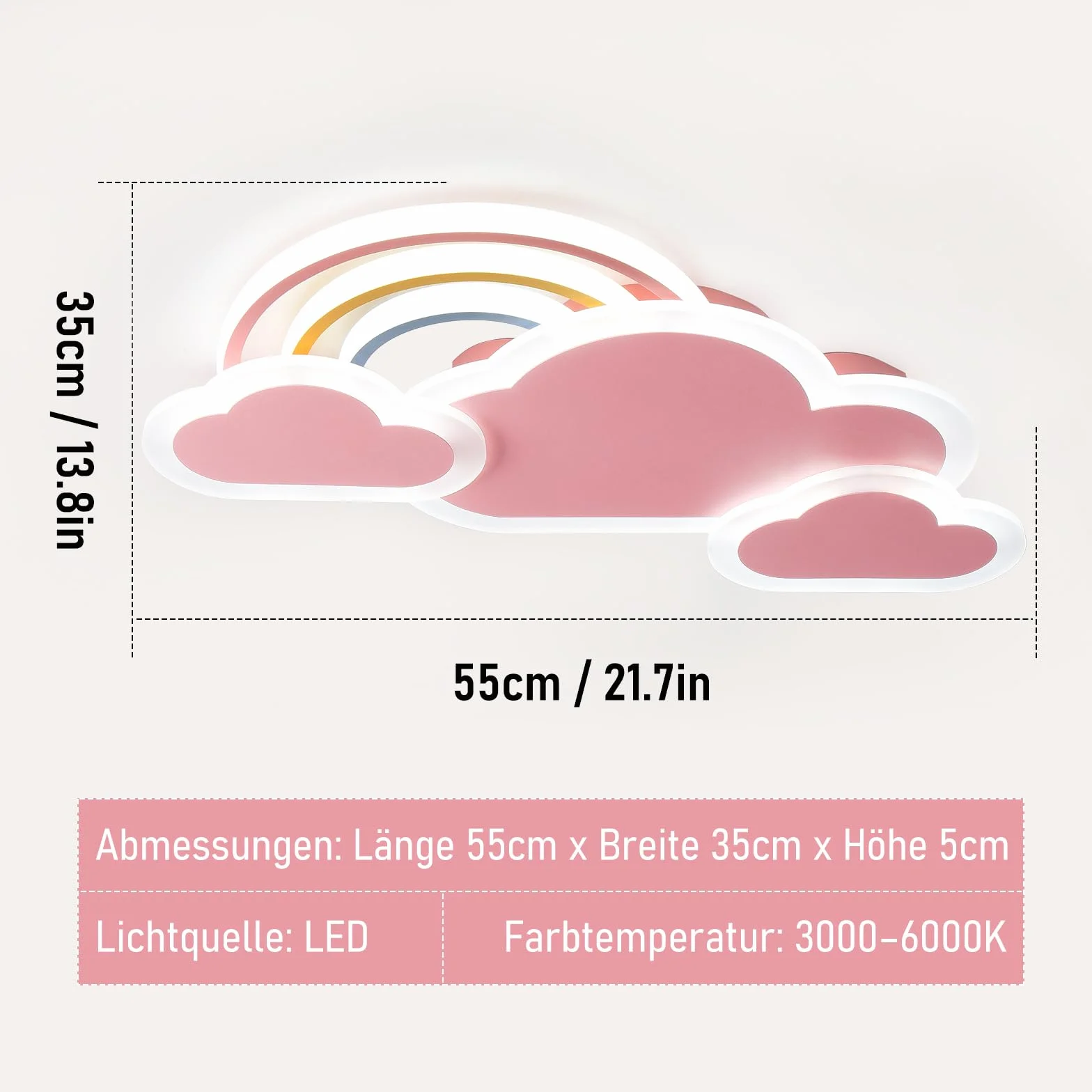 Plafonnier LED Enfant 30W 55cm Nuages Arc-En-Ciel Dimmable Télécommande APP Rose
