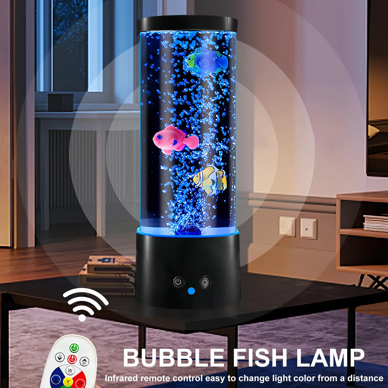 Lampe à lave à bulles avec poisson, télécommande, 16 couleurs, 4 modes, ambiance aquarium, câble USB