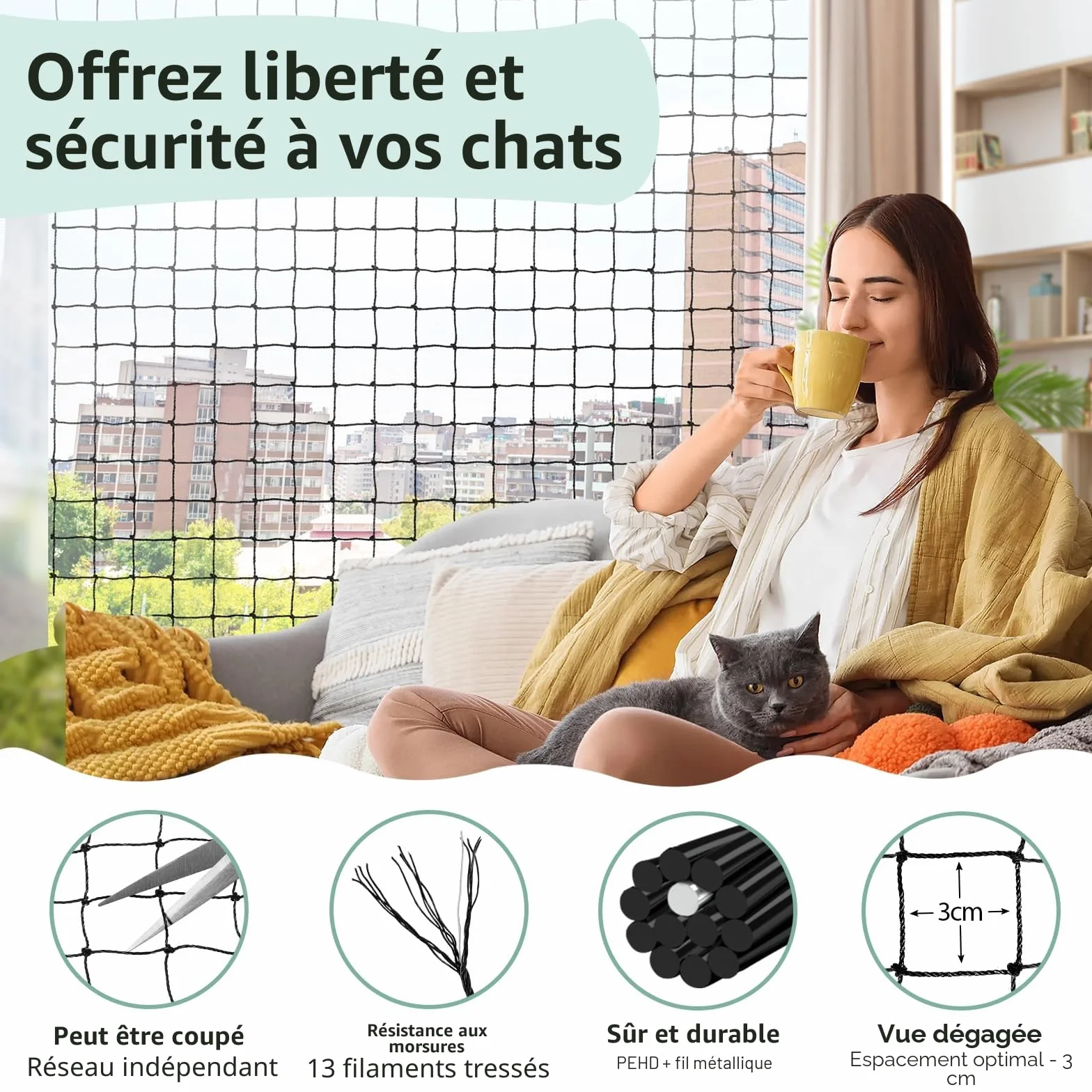 Filet Chat Balcon Renforcé 3x4m, Filet de Protection sans Percage, Grillage Fenetre Anti Chats avec Crochet Fixation