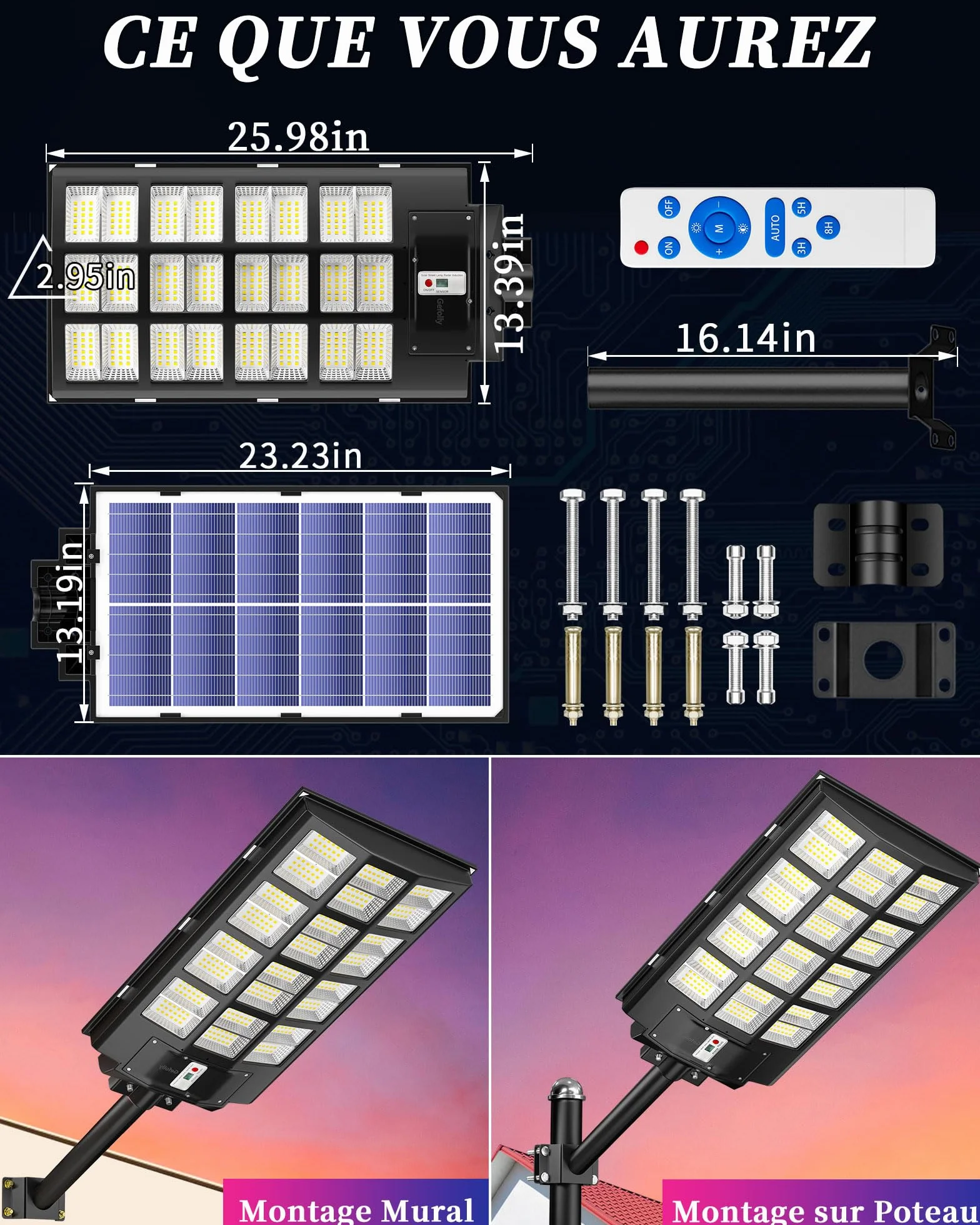 Gefolly SL-1600W Solaire Exterieur Lampadaire 216000LM 6500K IP67 Projecteur Solaire Exterieur