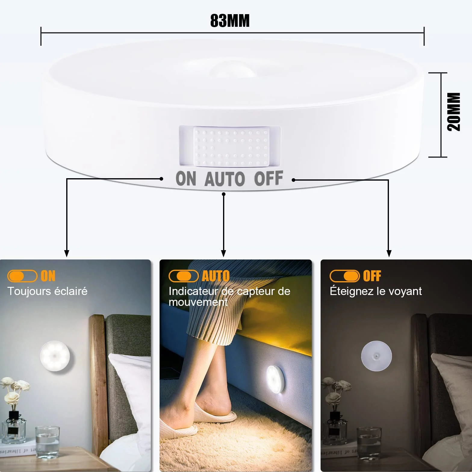 Veilleuse LED Automatique Rechargeable USB Lot de 3, Lampe Détecteur de Mouvement 6000K 8 LEDs 400mAh Base Magnétique
