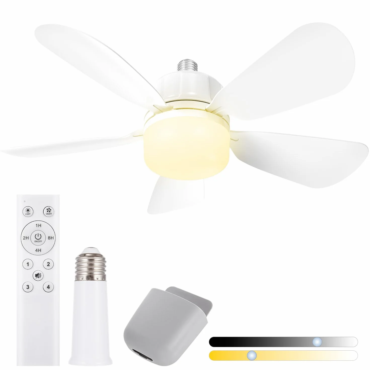 Ventilateur à Douille avec E27 Base LED Plafond Lumière Télécommande 50CM Salle de Bain Cuisine Chambre Garage