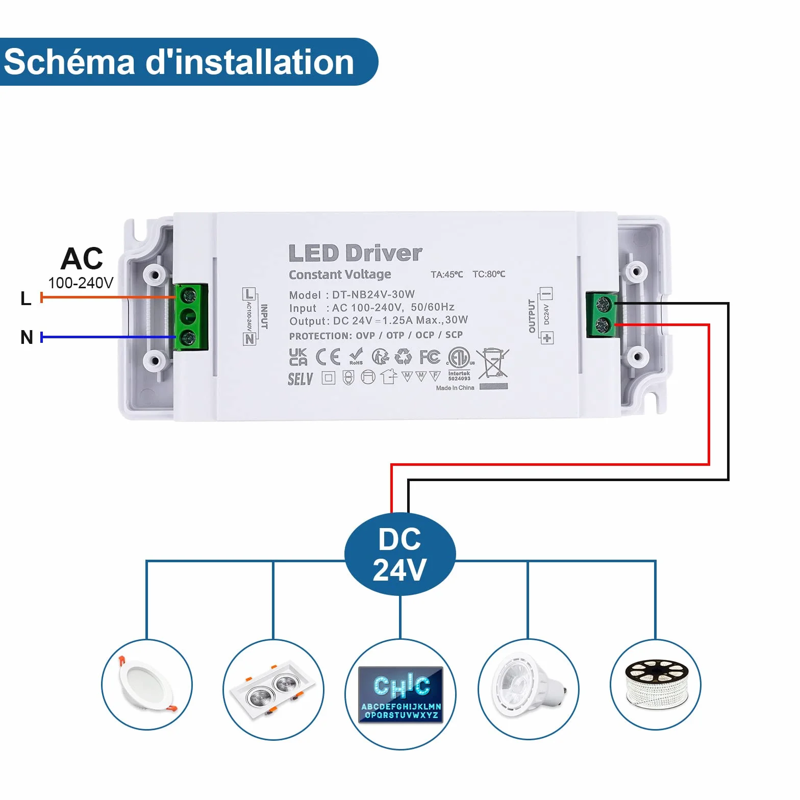 Transformateur LED 220V 24V 30W 1.25A DC Continu Alimentation Ultra-mince pour Lampes LED G4 MR11 MR16